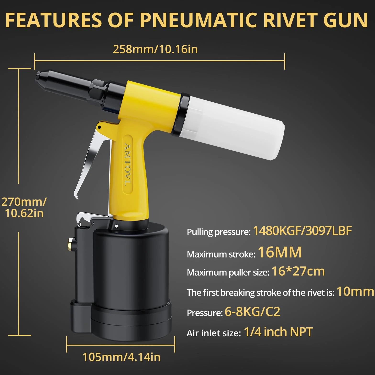 AMTOVL Remachadora Neumática con 4 Boquillas 2.4mm,3.2mm,4.0mm,4.8mm,3 Mordazas,1408KGF,Pistola de Remachadora Hidraulica Autocebante para Reparación de Automóviles