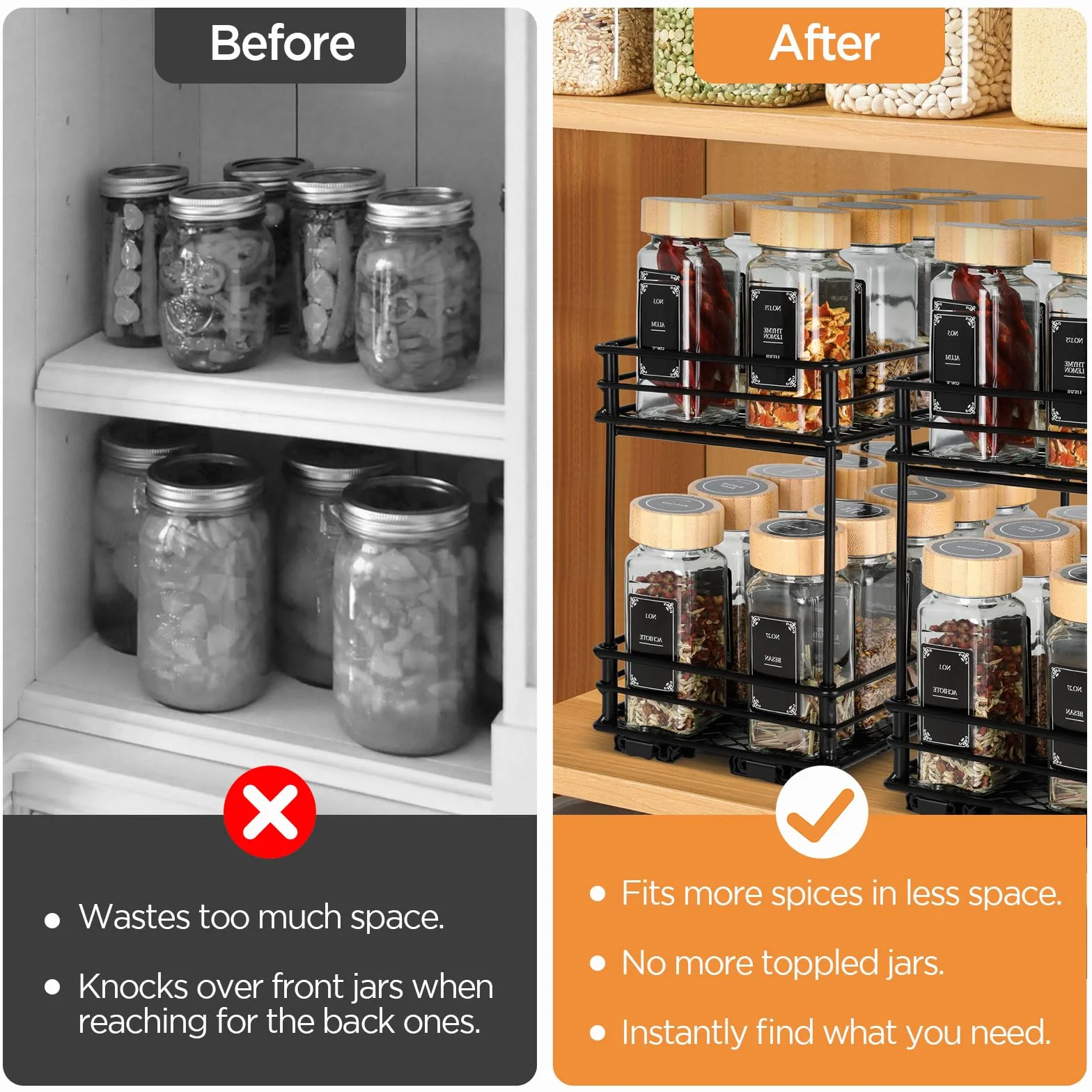 VINATO Organizador Deslizante de Especias de 2 Niveles – Estante para Especias con Guías, Organizador de Cocina para Armario (26x15x21,8 cm)