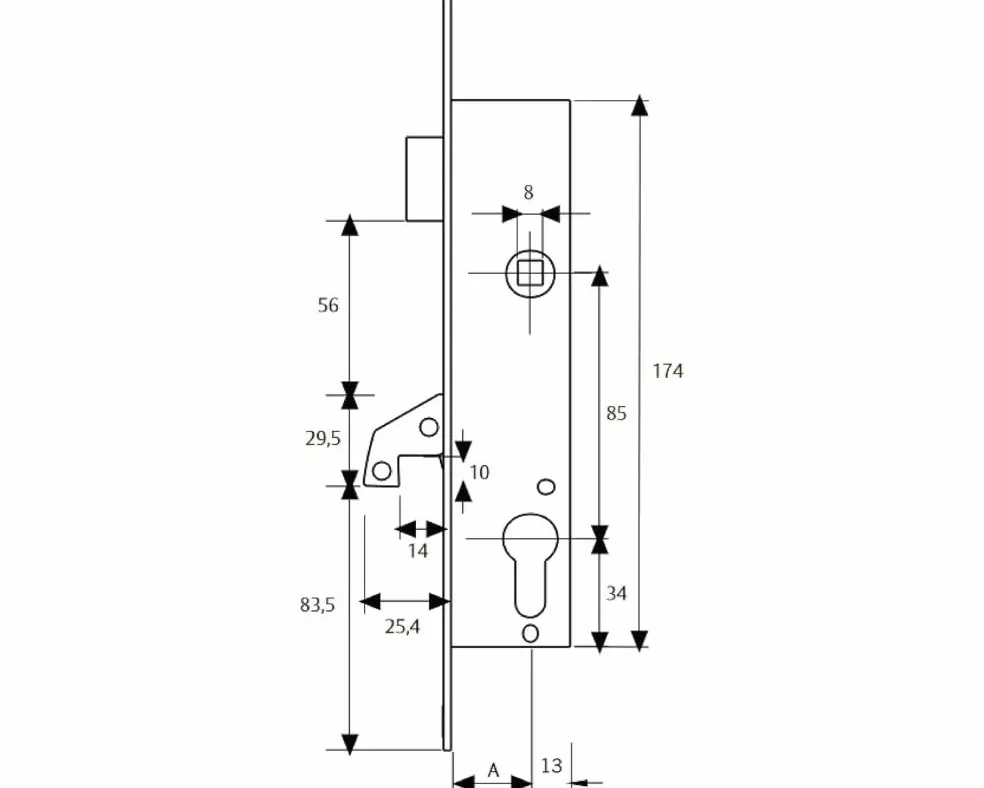 TESA 4241203AI cerradura monopunto de palanca basculante 2241, entrada 20 mm, acero inoxidable, sin cilindro, compatible con cilindro de leva corta, incluye cerradero y escudo E210