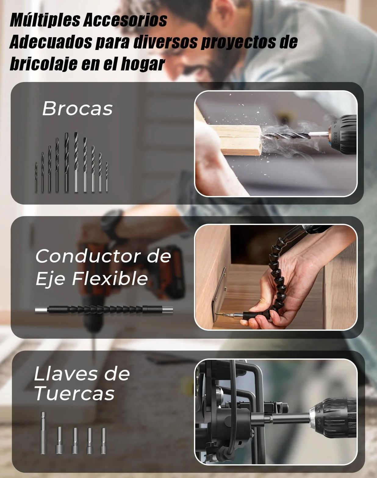 Taladro Atornillador Inalámbrico 20V, Taladro Atornillador Bateria 42Nm con 25+1 Ajustes de Torque, Luz LED, Kit 56 Piezas, Destornillador Eléctrico para Bricolaje en Casa y Jardín, Gris