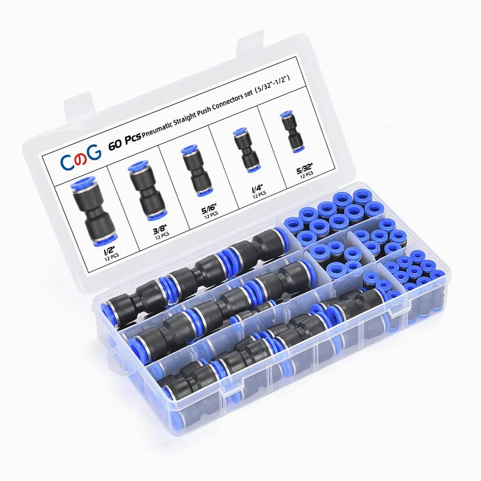 60 piezas de conexión rápida de manguera de aire accesorios de conexión rápida de 5/32 1/4 5/16 3/8 1/2 "Kit de accesorios de conexión neumática para 5/32 1/4 5/16 3/8 1/2" tubo