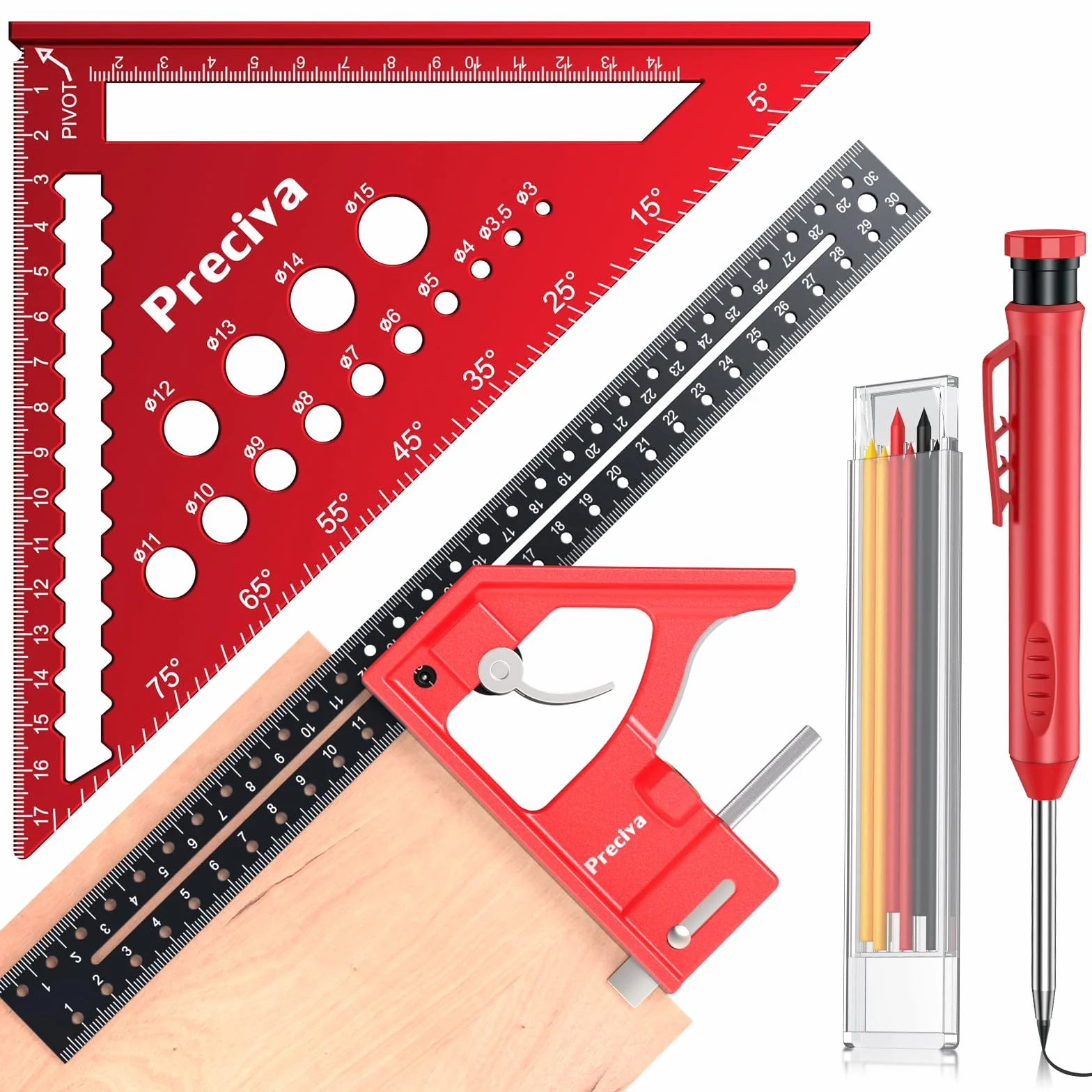 Kit de Carpintería, Escuadra Carpintero Multifuncional, Lápices de Carpintero con Sacapuntas y Estuche, Regla Metálica con Nivel Burbuja para Carpintero, Construcción, Dibujo
