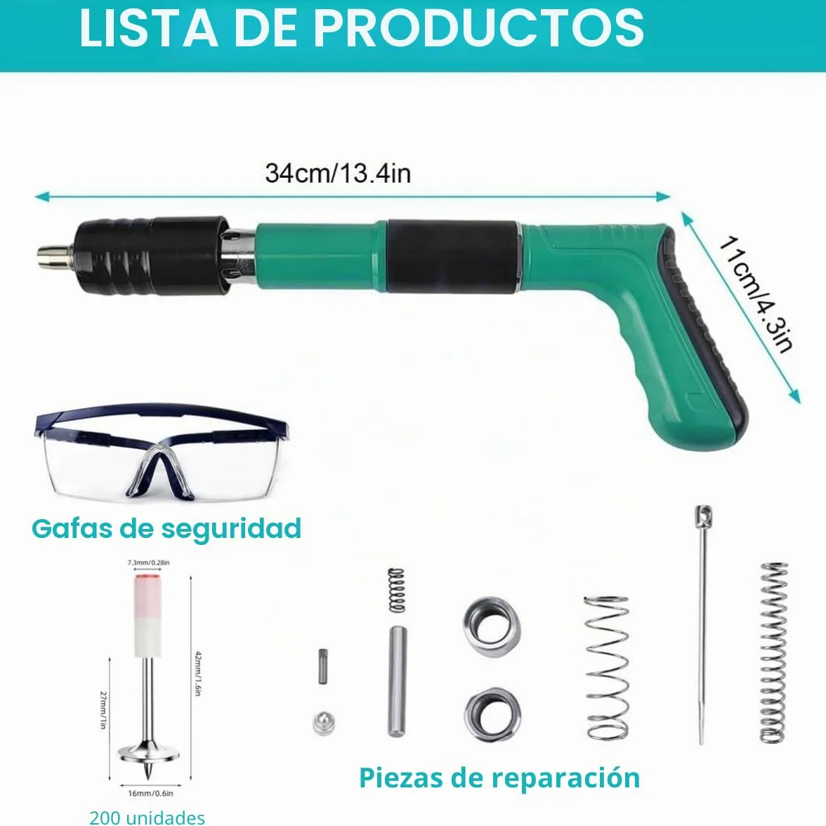 Pistola de Clavos para Hormigon Neumatica, Clavadora Hormigon, Nail Gun, Pistola de Impacto Clavos con 200 Clavos Redondos - para Acero y Concreto - Fácil de Usar