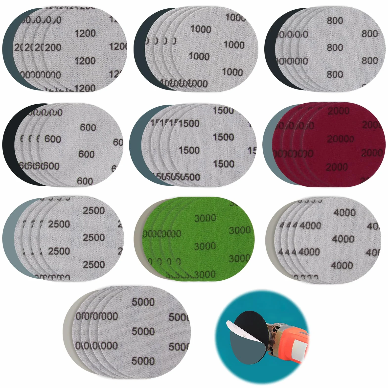 50 Discos de Lija 75mm Autoadherentes Grano 600 a 5000 Papel de Lija al Agua Seco y Húmedo para Pulir Faros Coche Metal Madera Pintura Plástico y Acabado Fino