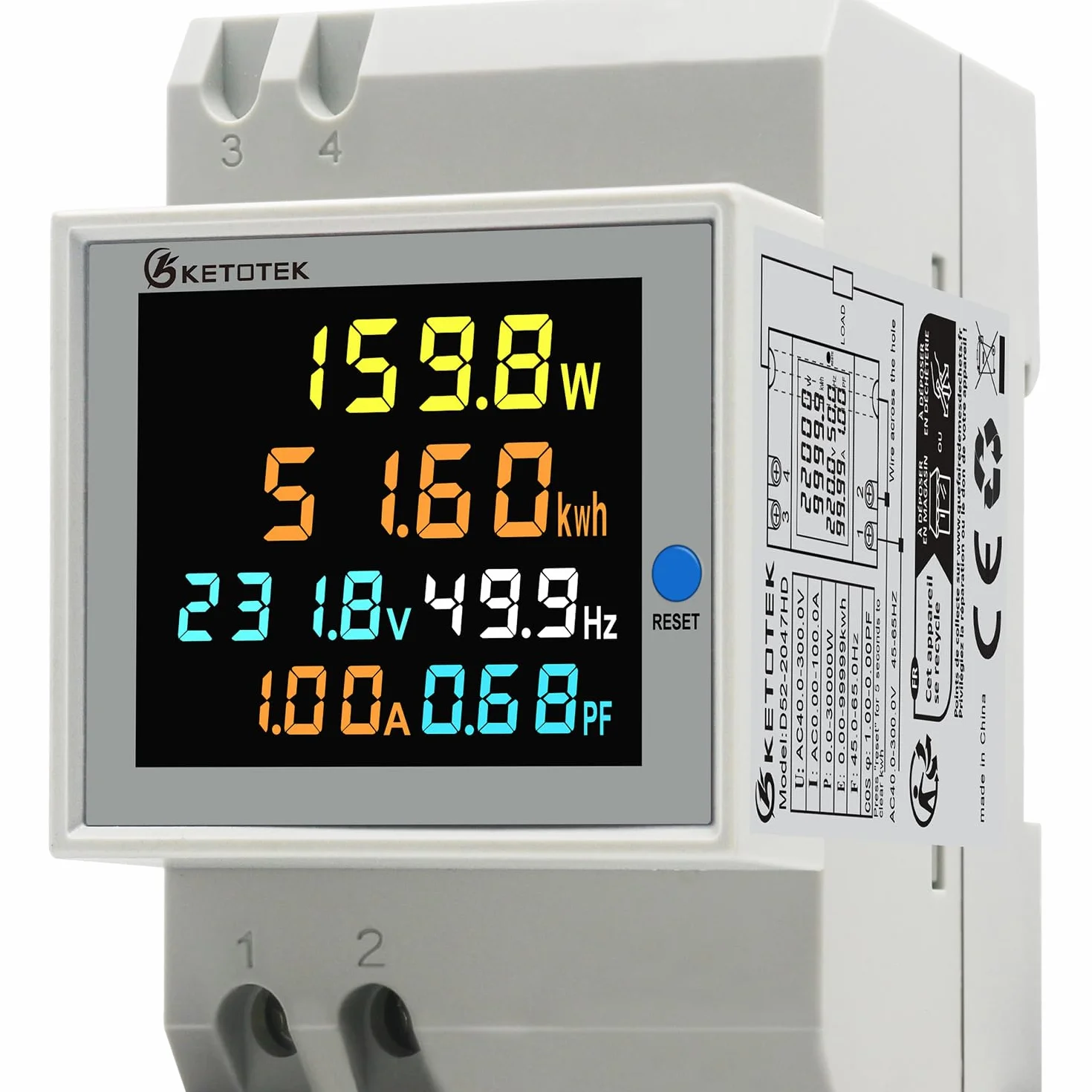 KETOTEK Medidor de Energía Digital 6 en 1 AC40-300V 100A Voltímetro Amperímetro Carril Din, Contador Eléctrico Monofásico Medición del Consumo de Voltaje Corriente Factor de Potencia Frecuencia