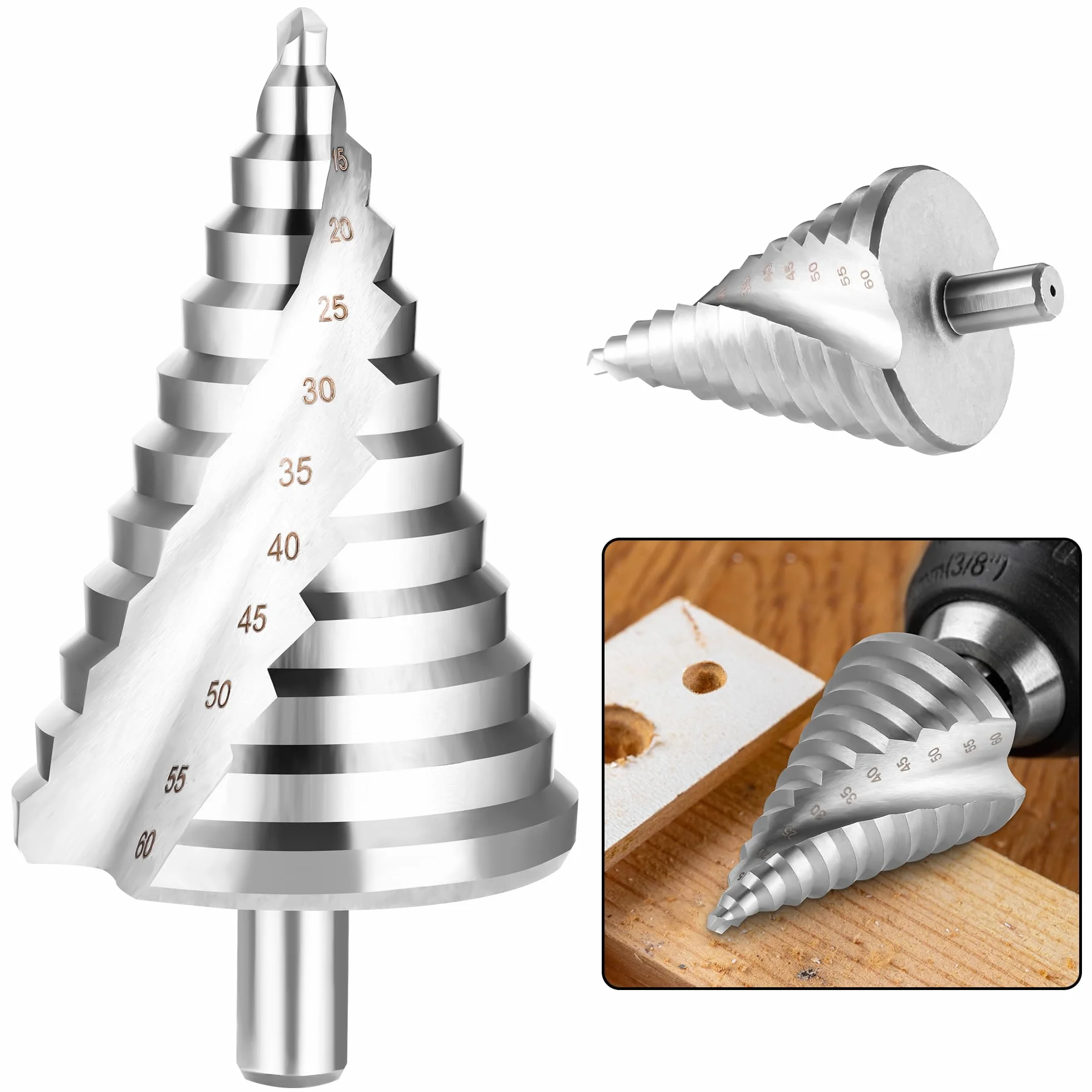 JIZZU Broca Escalonada 6mm a 60mm HSS Espiral, Triángulo Cónico Titanio Recubierto Doble Ranura para Metal, Madera y Plástico