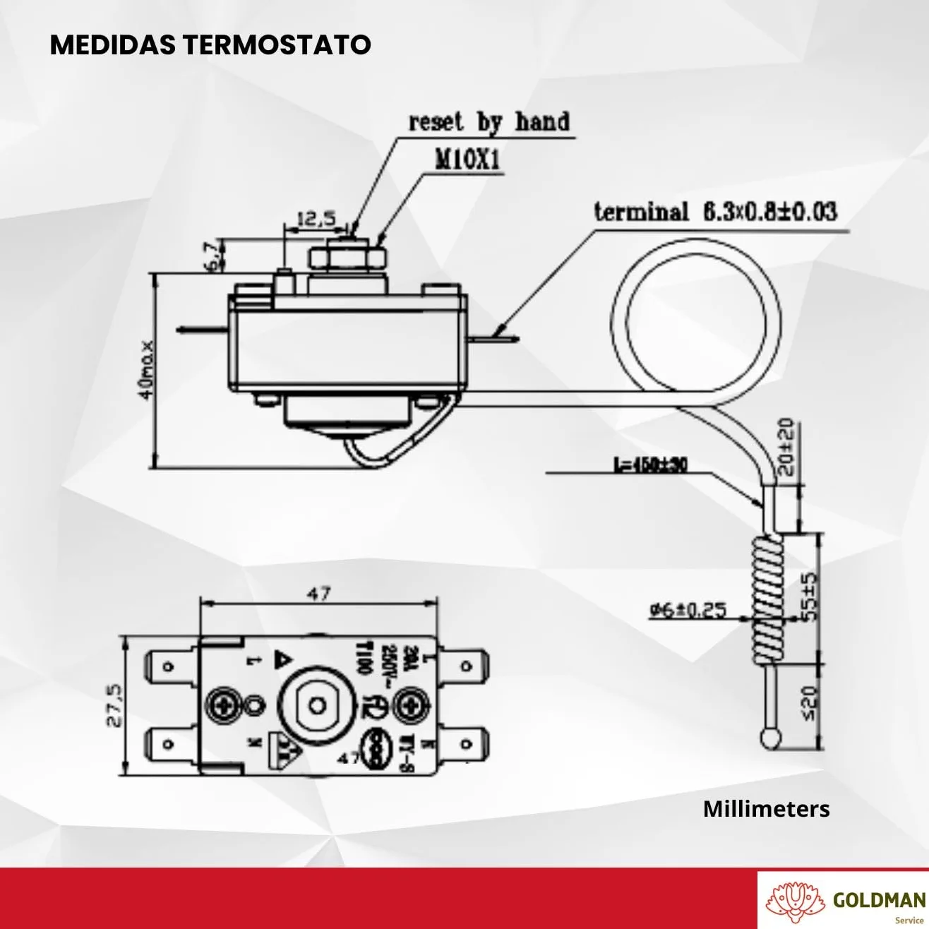 GOLDMAN SERVICE | Termostato de Seguridad para Termo Calentador de Agua Eléctrico Activación Automática a 93ºC | Bulbo Sonda 500mm | Fácil Rearme Manual