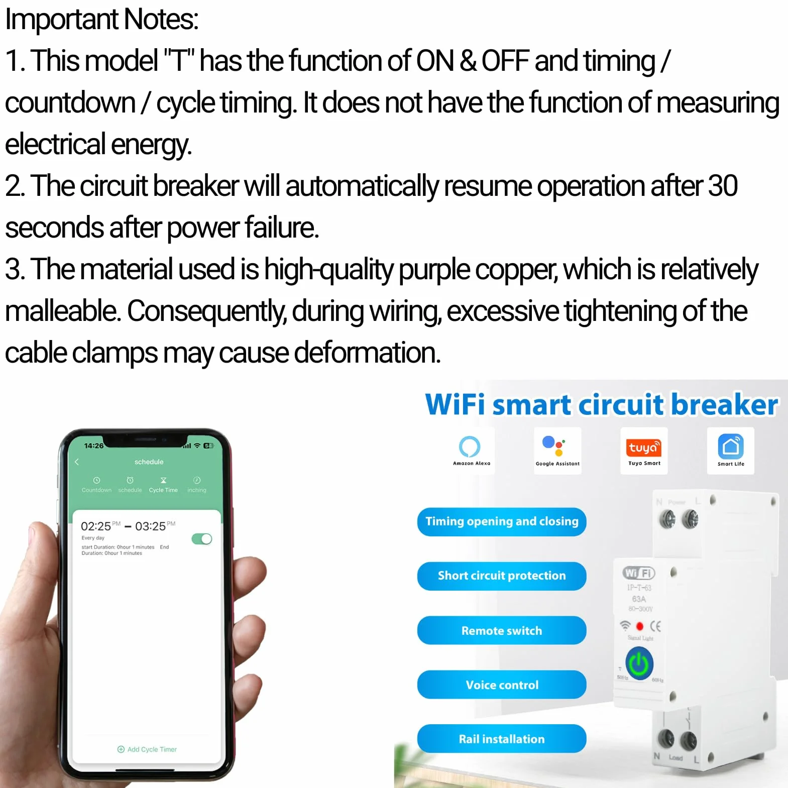 Jadeshay Tuya WiFi Disyuntor Inteligente 1P 63A 230VAC Interruptor WiFi con Temporización Compatible con Alexa Google Assistant