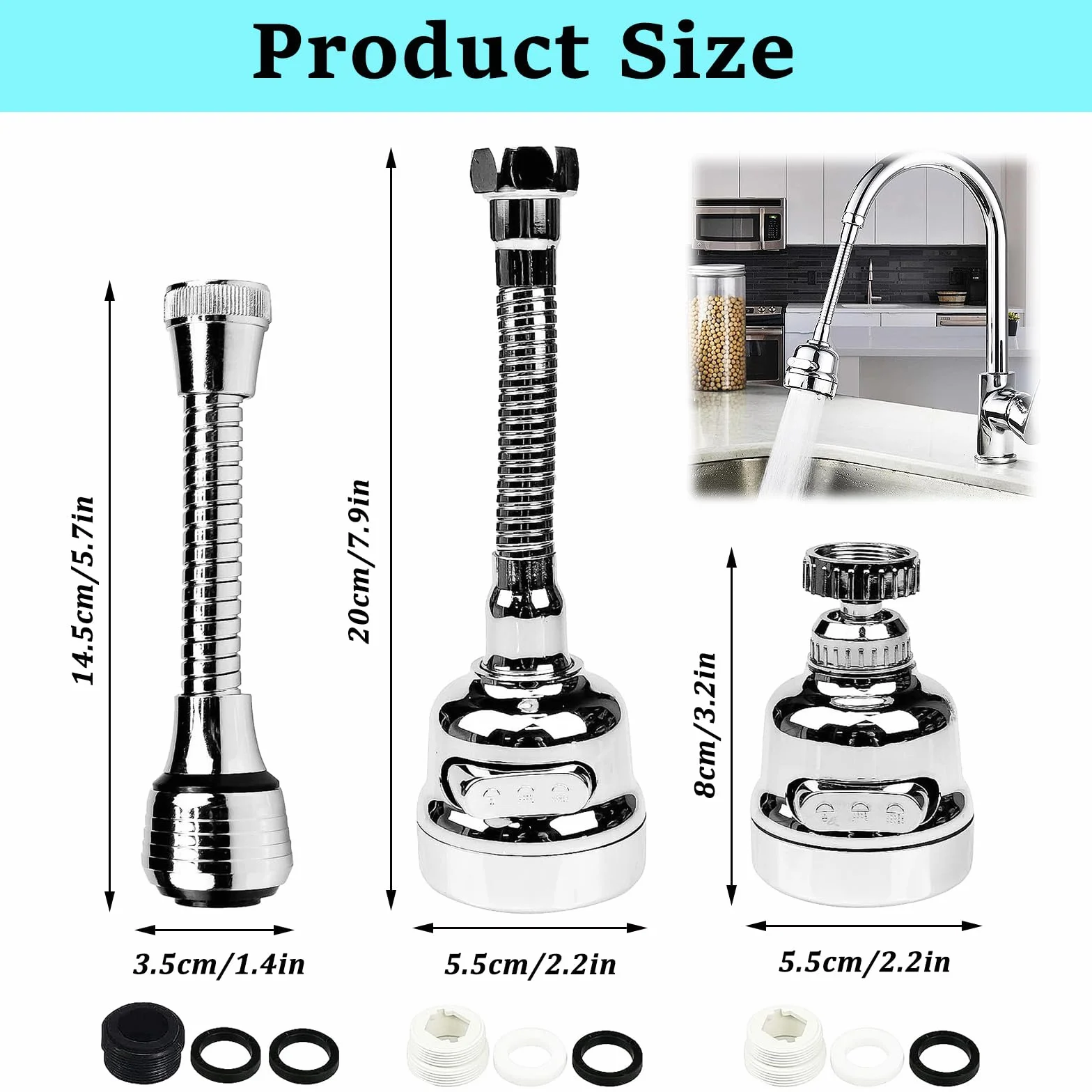 Aireador Giratorio de Grifo 360 Grados, Boquilla Universal Girar, Alargador para Cocina y Baño (Plata)