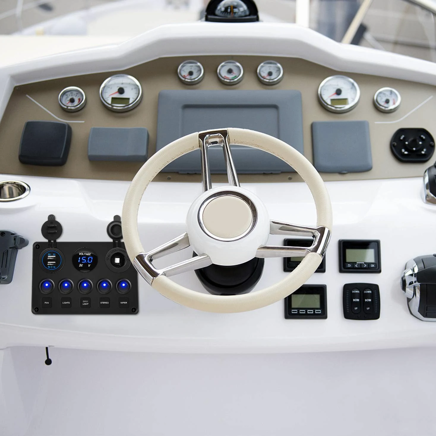 Greluma 1 Pieza Panel de interruptores basculantes 5 posiciones con interruptores automáticos,fusible línea de 15A,voltímetro digital,cargador USB y toma de encendedor 12V para barcos,automóviles