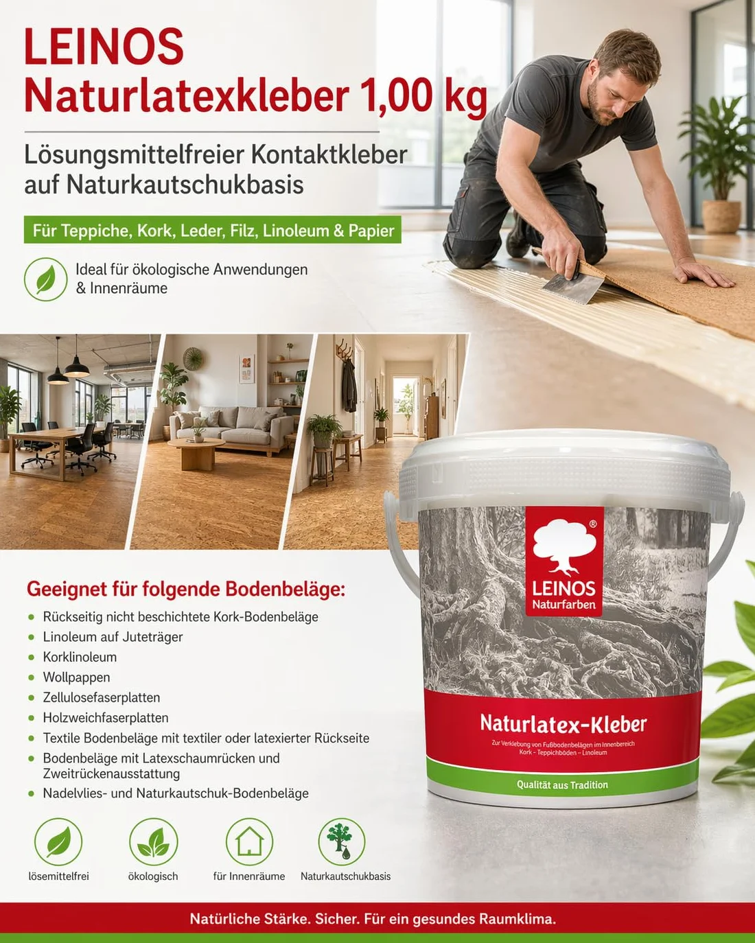 LEINOS Pegamento de látex natural 1,00 kg – adhesivo de contacto libre de solventes a base de caucho natural – para alfombras, corcho, cuero, fieltro, linóleo y papel – ideal para aplicaciones