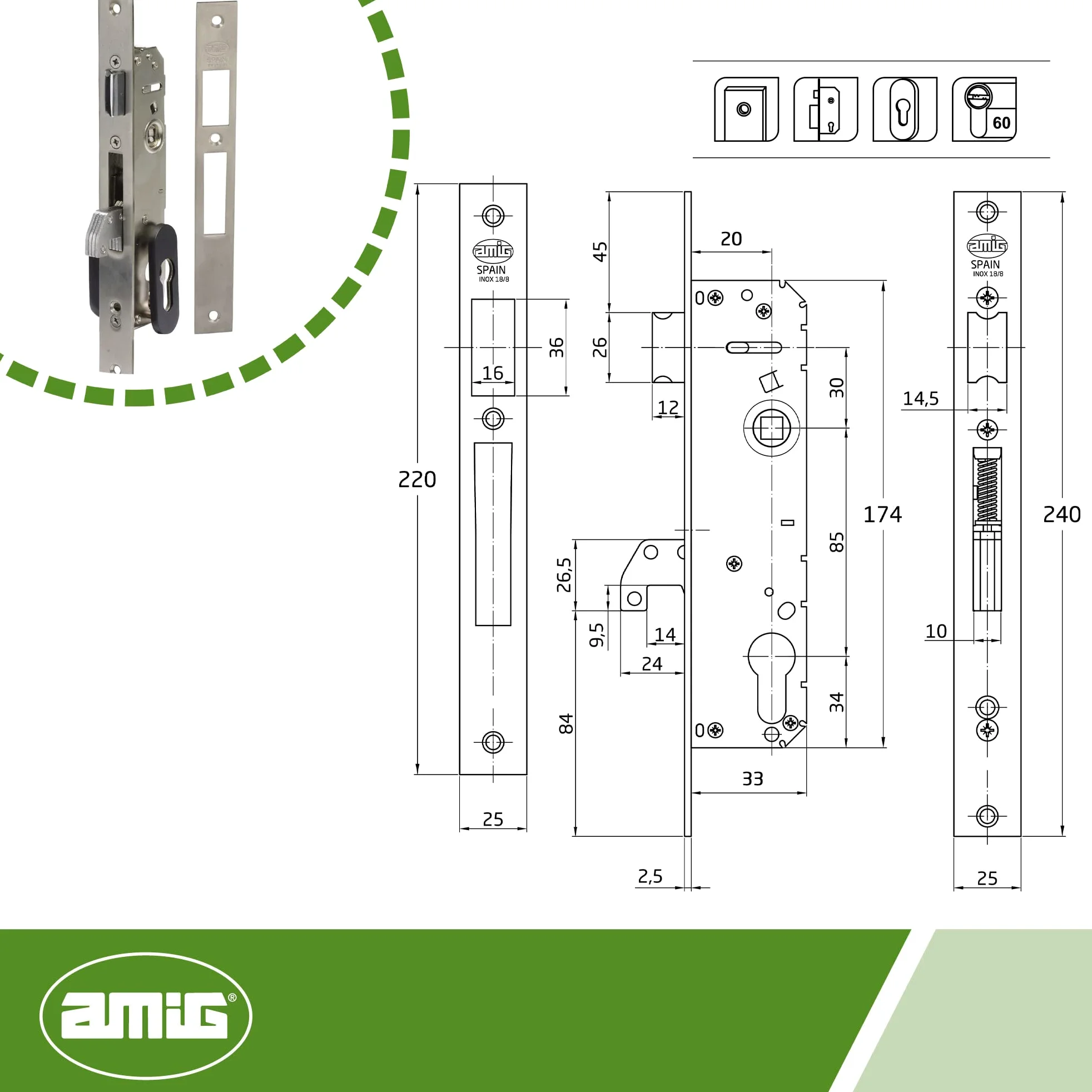 Amig - Cerradura de Embutir para Carpintería Metálica Mod. 770-20 mm - Cilindro Europerfil de Leva de 13,2 mm - Picaporte Reversible y Cierre Basculante - Acero Inoxidable