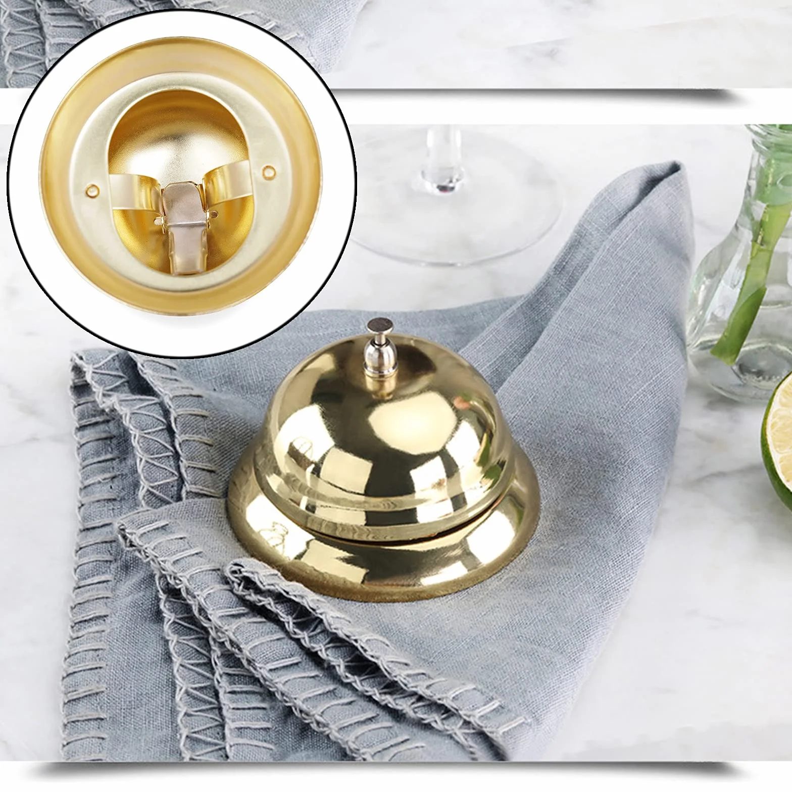 Campana de Servicio de Metal Tradicional Timbre de Mesa Timbre De Servicio Timbre De Recepción De Hotel 8.5cm de Diámetro para Hotel, Bar, Recepción，Restaurante,Mascotas Juego de Mesa 1 PCS （Dorado）