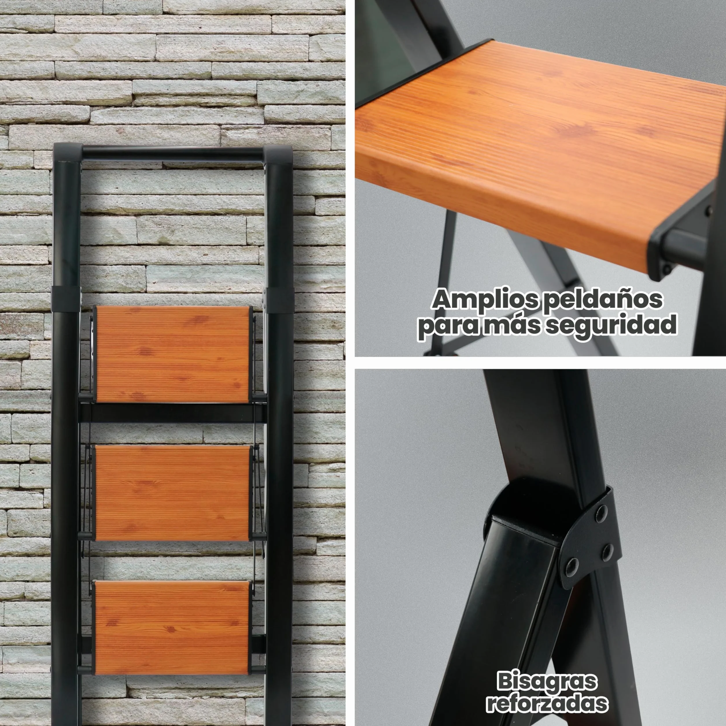 UZIRO Escaleras Plegables 3 Peldaños, Escalera de Aluminio 3 Peldaños Anchos, Sistema Antodeslizante, Muy Liviana y Facil de Guadar