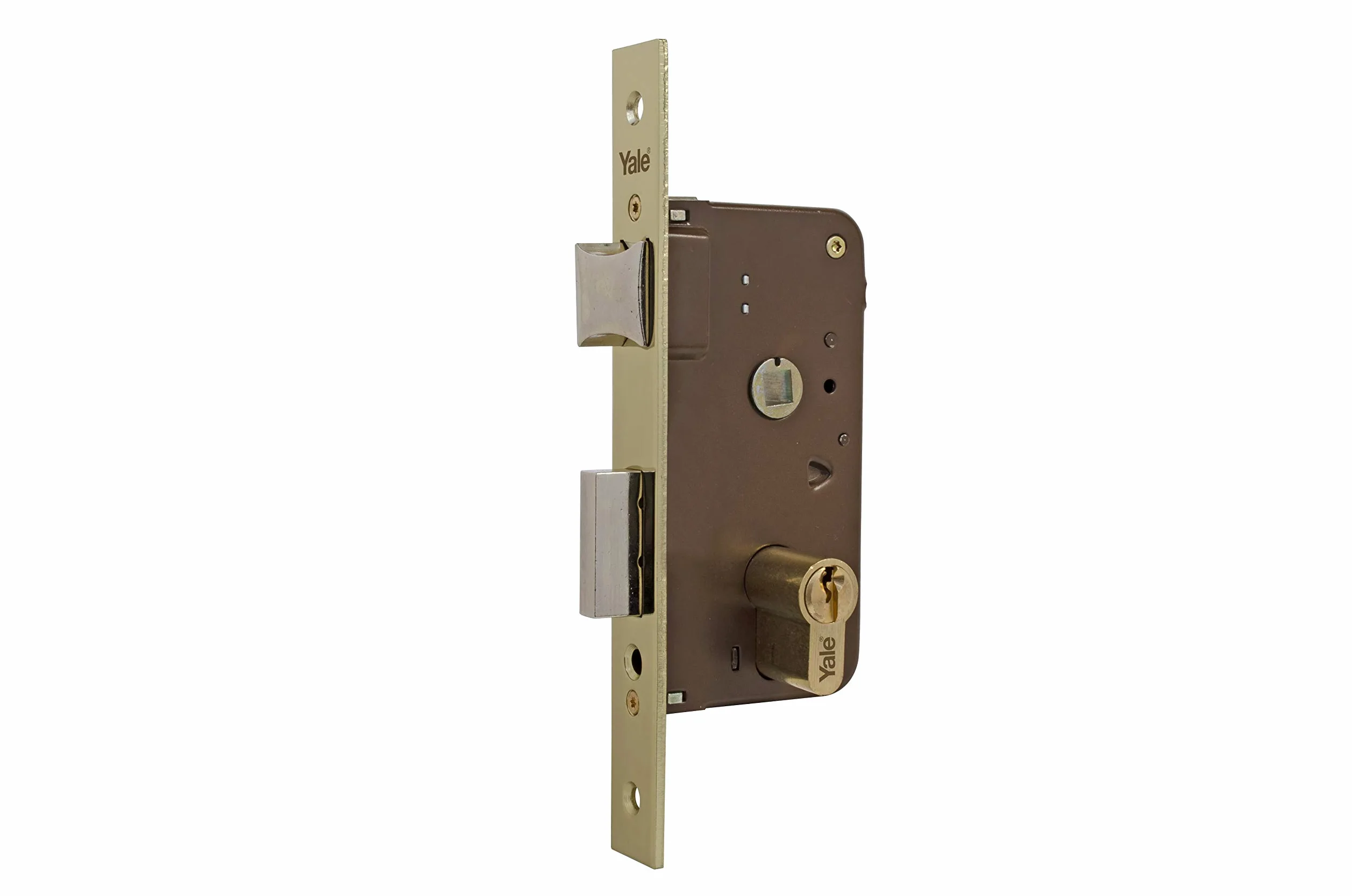 Yale Cerraduras de Embutir Estándar: Entrada 35 mm, Acero inoxidable, Latonado Cerradura de embutir de un punto de cierre de caja cerrada, Cilindro monoblock de 60, Palanca y picaporte reversible