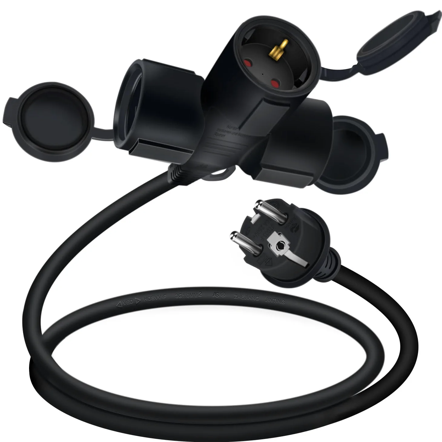 Cable Extensión Schuko 16A 250V 3500W Cable de Extensión con 3 Enchufes de Contacto Protector IP44 H05RR-F3G 1.5mm² Cable de Alimentación para Interior o Exterior (Negro, 1.5m)
