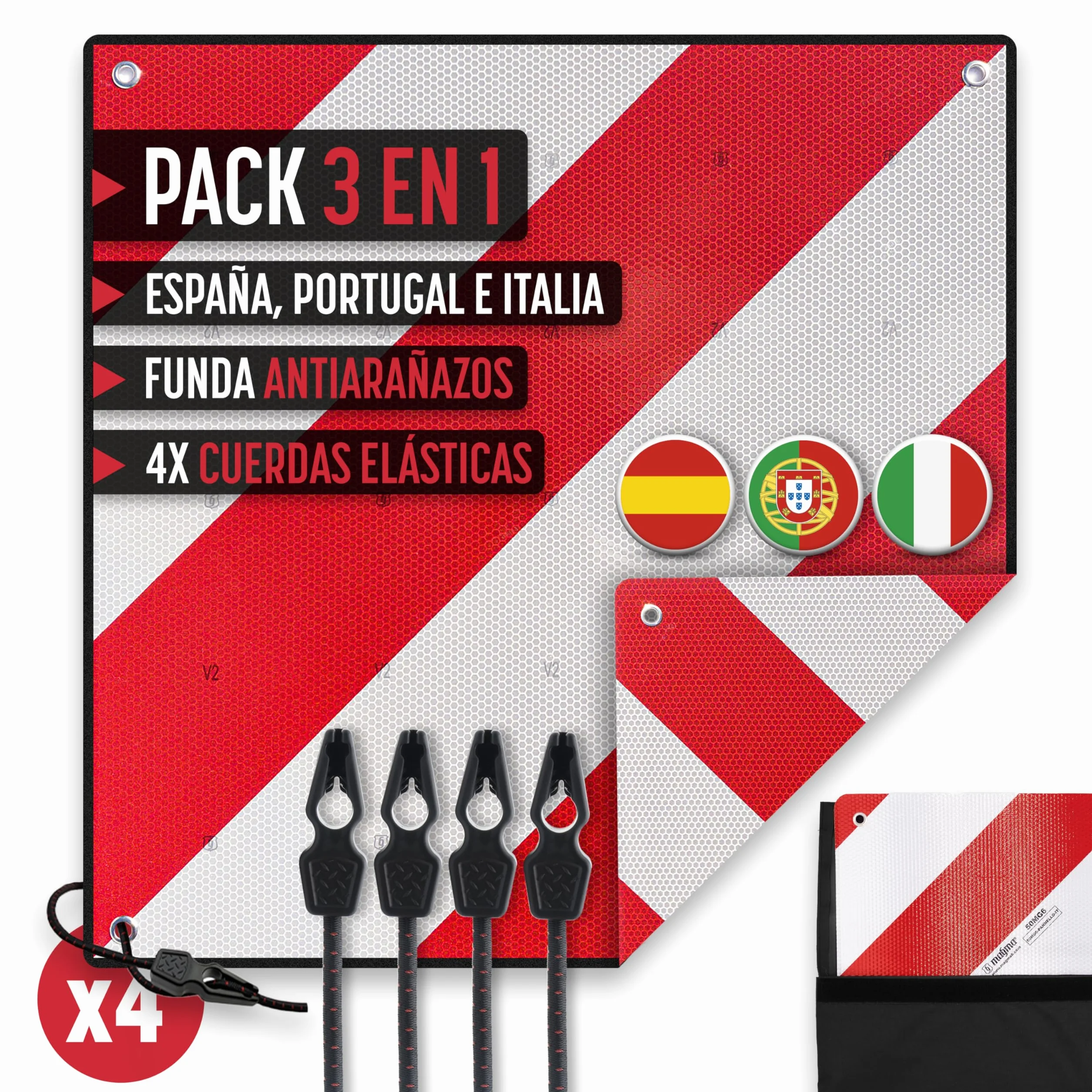 MAGMA Pack Señal V20 Española e Italiana Homologada + Pulpos + Funda, Placa V20 Portabicicletas y Carga Saliente, Flexible y con Protección Anti Arañazos Protege tu Bicicleta o Bici NO Raya