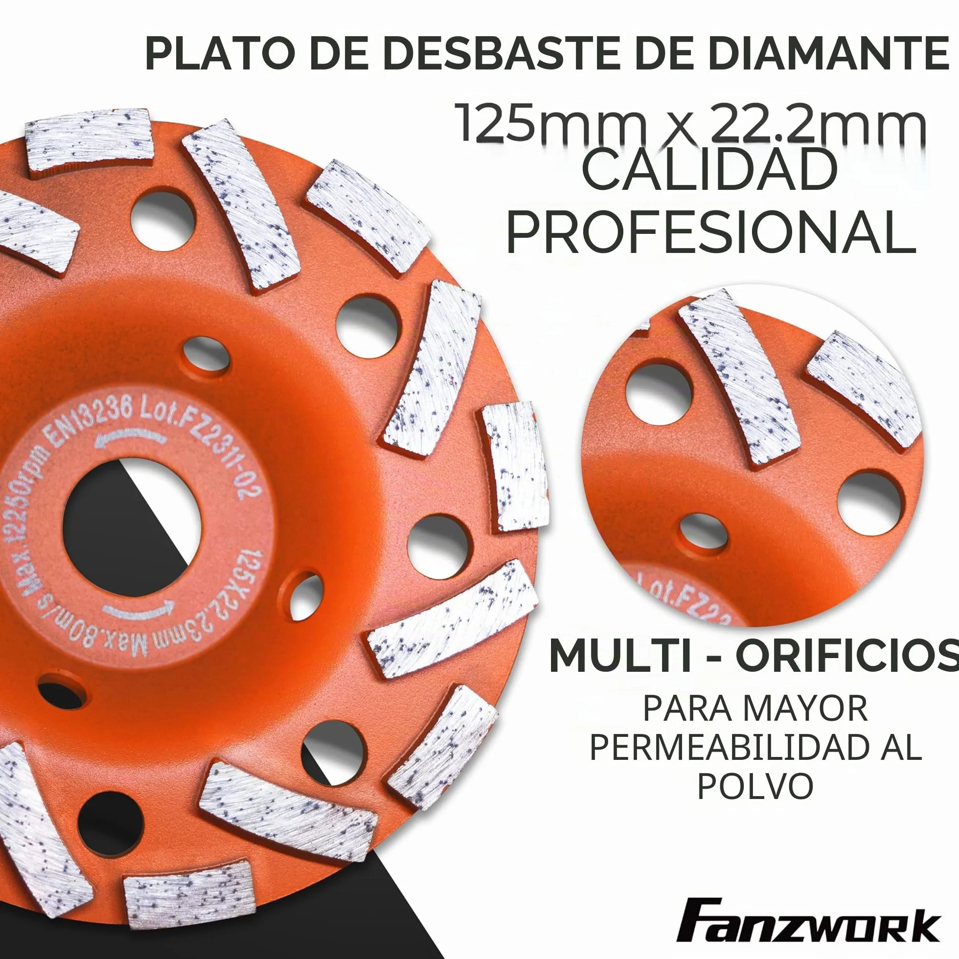 FANZWORK cubierta de aspiración para amoladora angular incl. disco de diamante de 125 mm, Cepillos intercambiables, Compatible en un 99% de forma universal, Anillo adaptador reforzado, Adaptador M14
