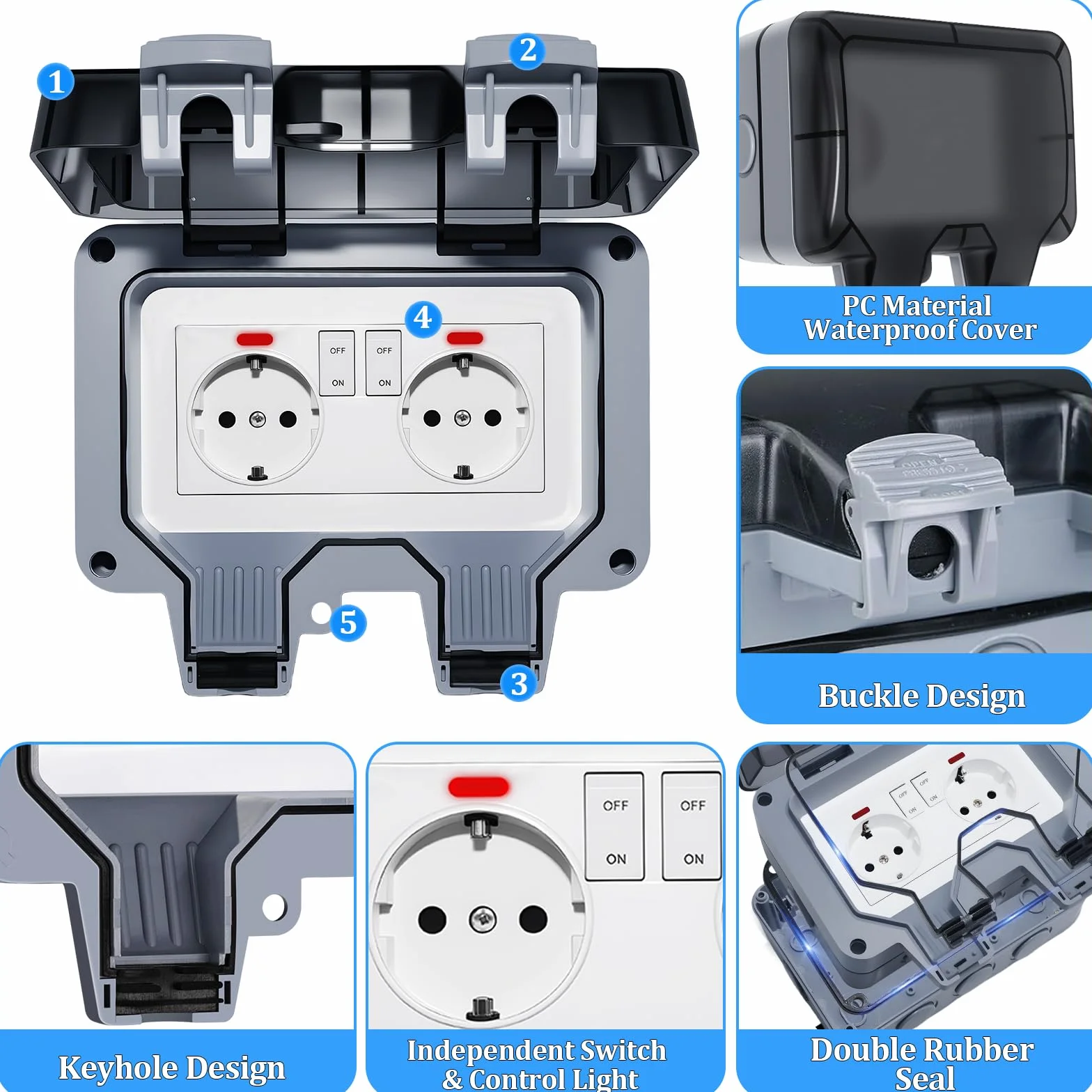Enchufe Estanco Exterior Impermeable, Toma de Corriente IP66, Doble Pared Enchufes con Interruptor, Conector de Cable y Tapa Abatible, para Cocina Baño Garaje Piscina y Jardín