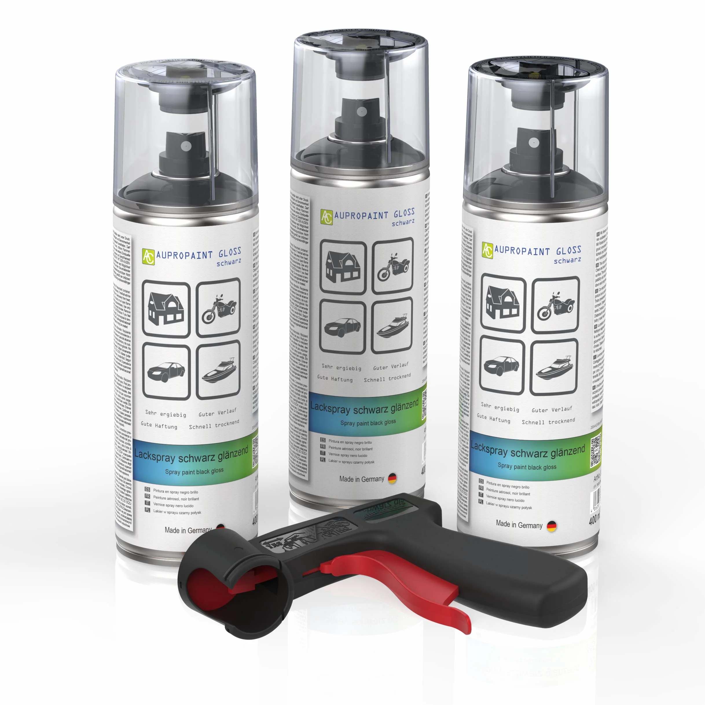 Aupropaint Gloss - Spray de pintura en aerosol para coche, 3 x 400 ml + 1 mango de pistola original