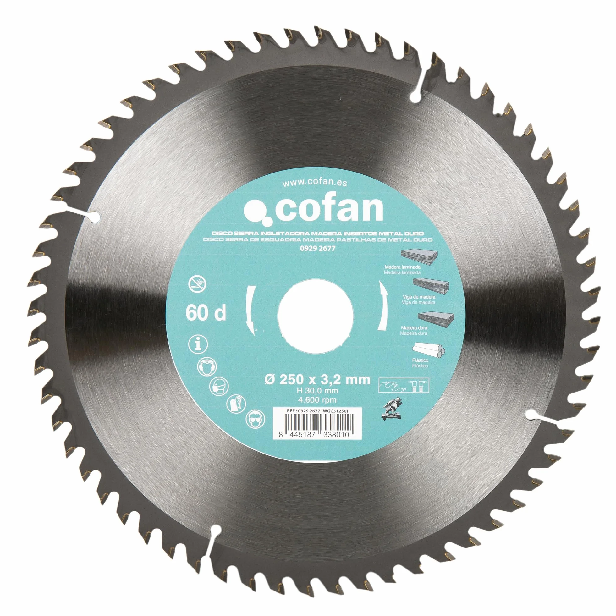 Cofan Hoja de sierra ingletadora 60 dientes 250 x 30 mm 3,2 mm para madera dura plástico laminada