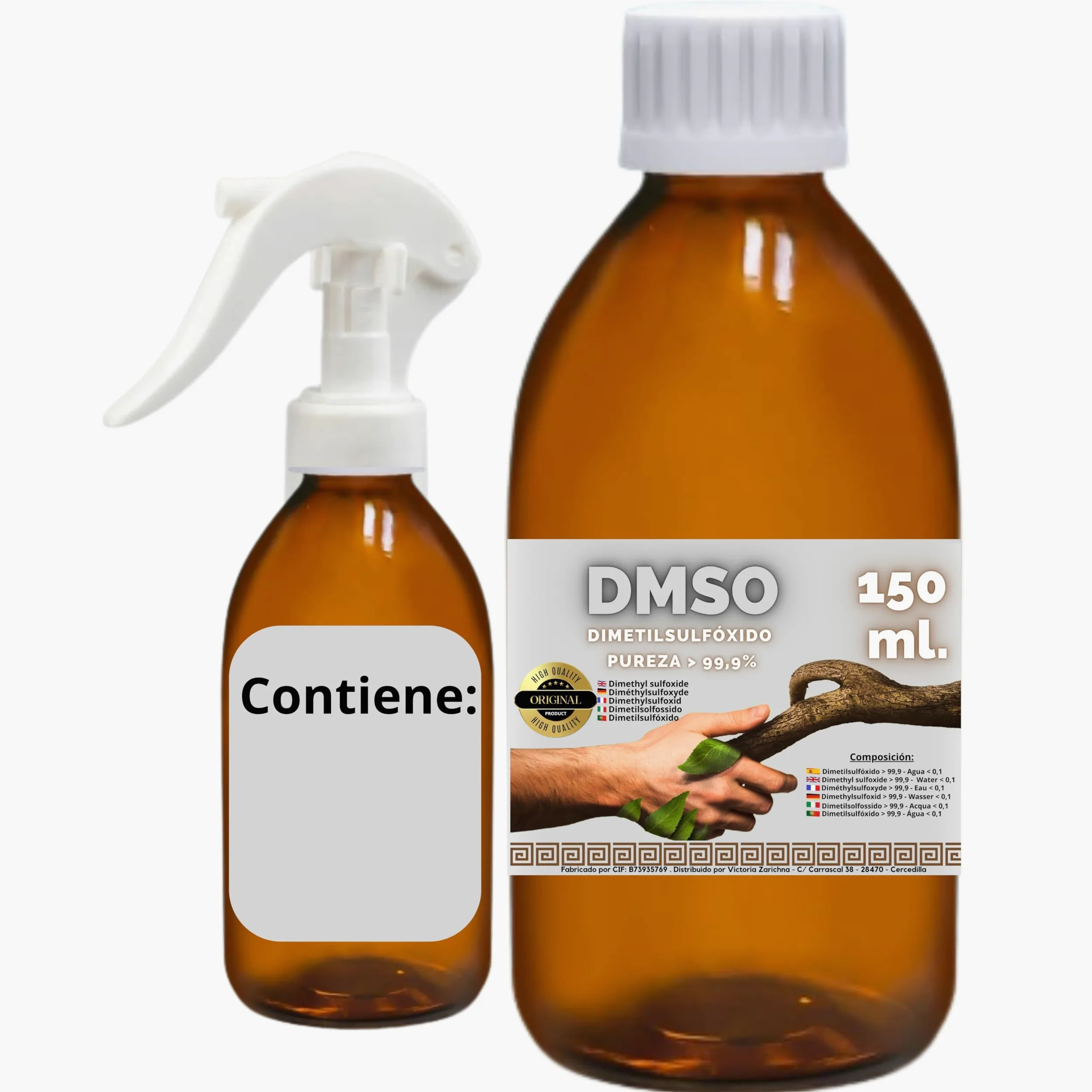 DMSO 150 ml. 99,9% Pureza Con Gotero | Dimetilsulfóxido Calidad Ph Eur | Regalo Frasco125ml + Difusor + Vasito Dosificador | Frascos Ámbar de Laboratorio | Precinto de Seguridad