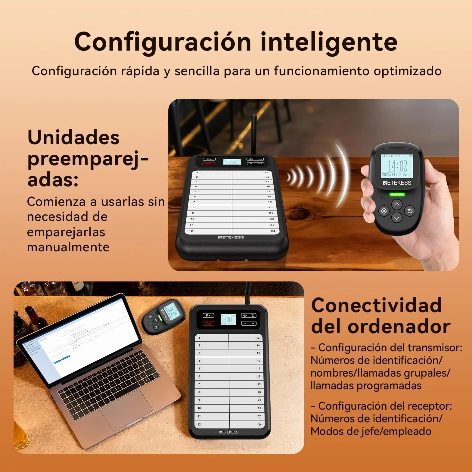 Retekess TD037 Buscapersonas Restaurante Sistema de Llamadas 24 Teclas Intermitente Audible 6 Unidades
