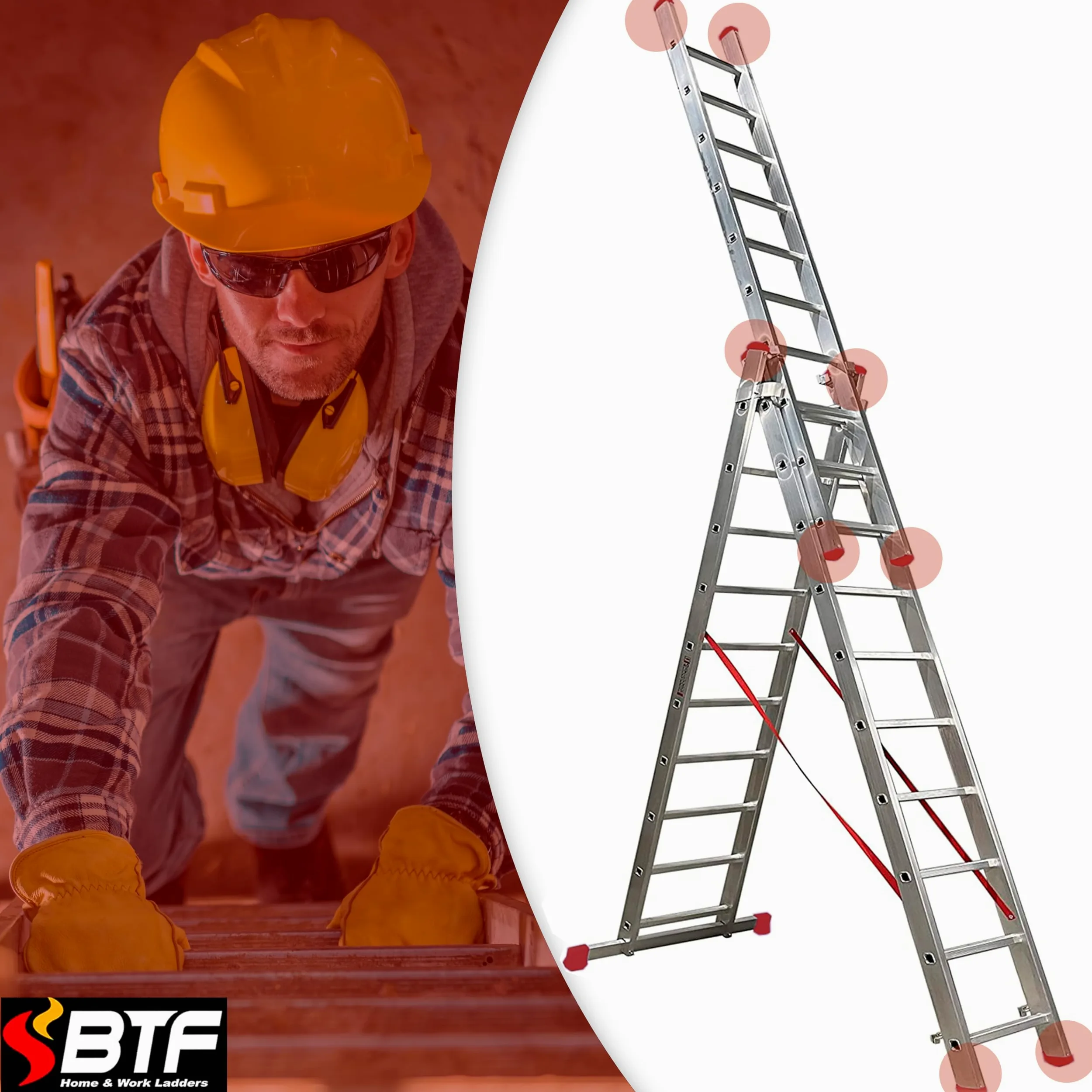 BTF | Juego de 4 Conteras para Escaleras Industriales Profesinoales 1, 2 o 3 Tramos Combinada y/o Extensible | Pies de Goma de Escaleras Perfil de Montante 80x25mm.