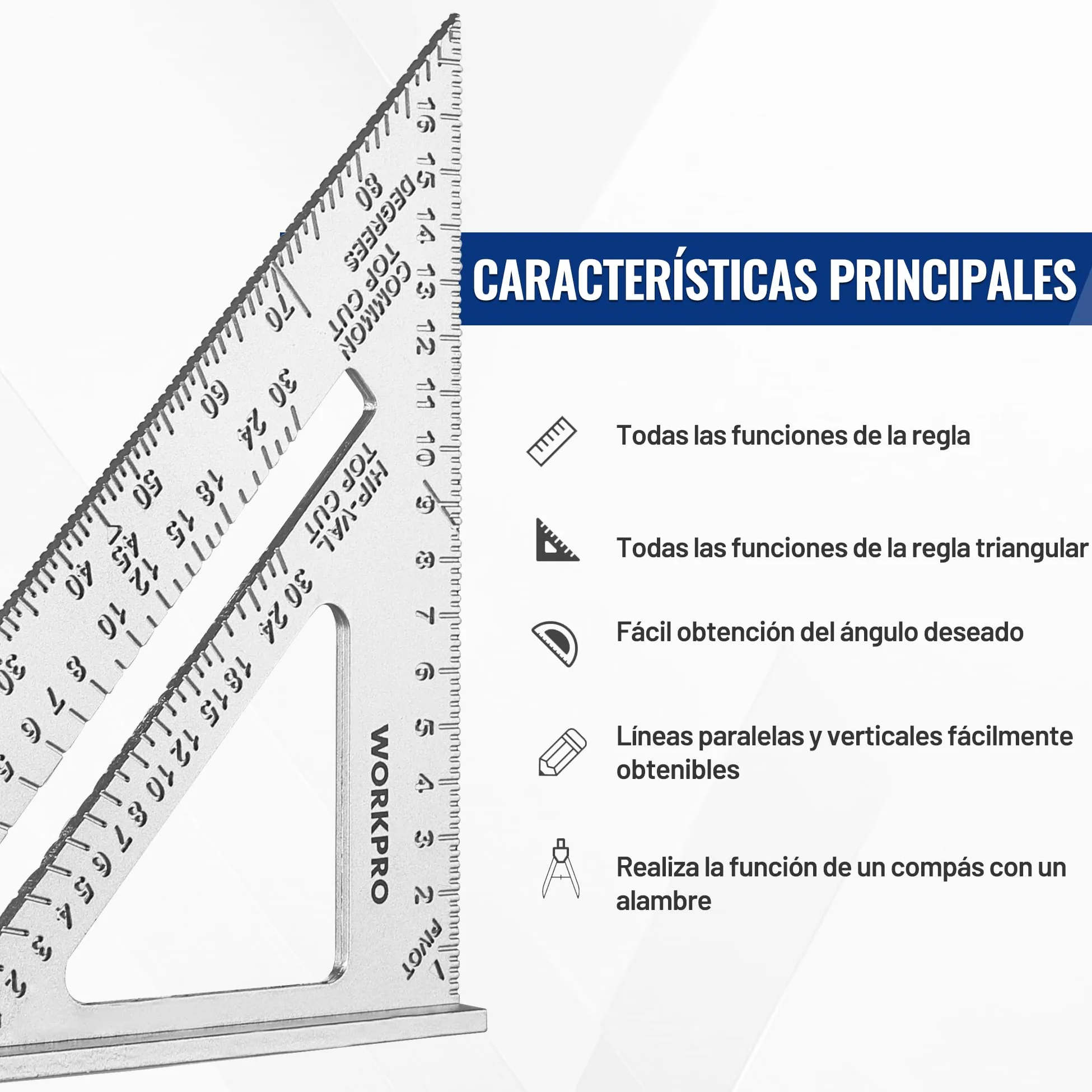 WORKPRO Escuadra de Carpintería 180mm, Regla de Triángulo, Herramienta de Medición para Carpintero, Escuadras para Carpintería Métrica, Cuadrado de Carpintero de Aleación de Aluminio