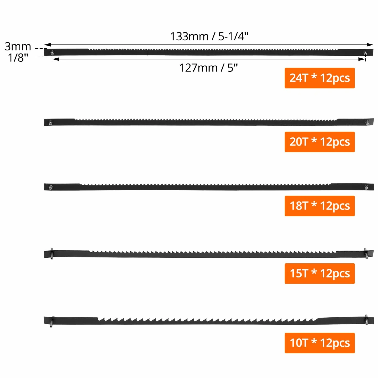 QWORK 50 hojas de sierra de marquetería 127 mm 10/15/18/20/24 dientes acero al carbono corte fino para espuma y plástico