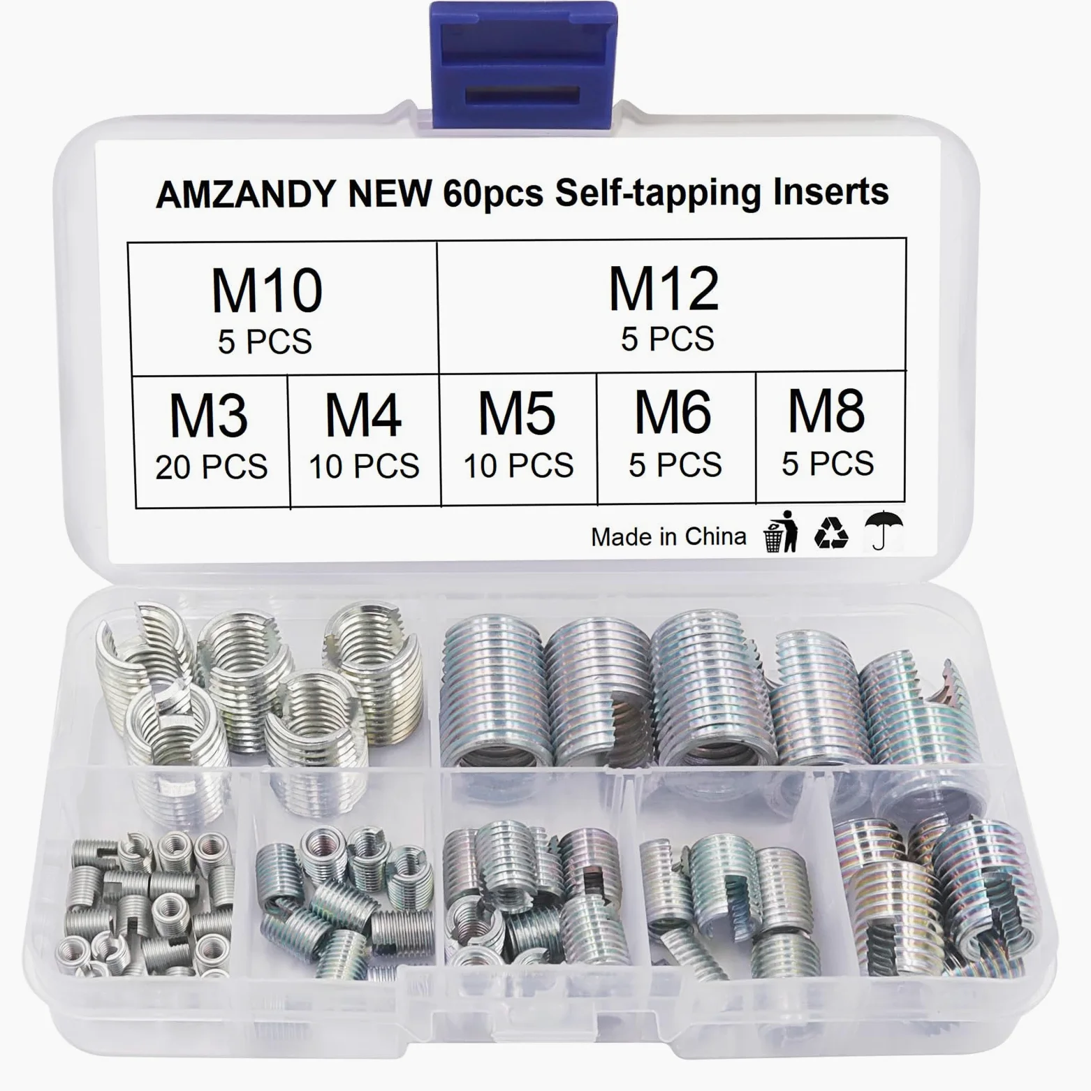 60 Piezas Insertos Roscados M3 M4 M5 M6 M8 M10 M12,Tornillo Inserto Ranurados Inserciones de Rosca Autorroscantes, Herramientas de Reparación de Roscas