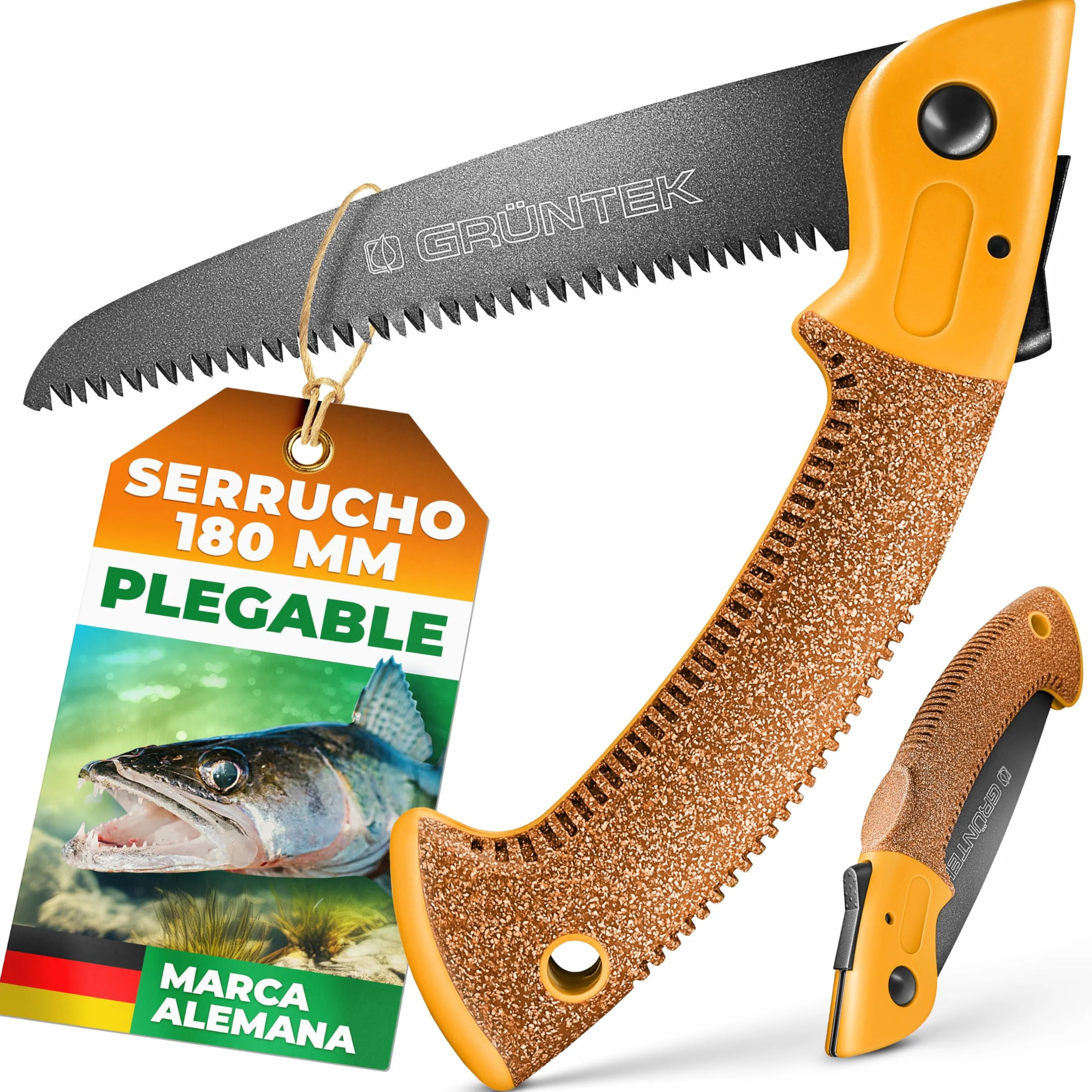 GRÜNTEK Sierra Plegable de Poda 180 mm Mango de Corcho Hoja de TEFLON y Acero