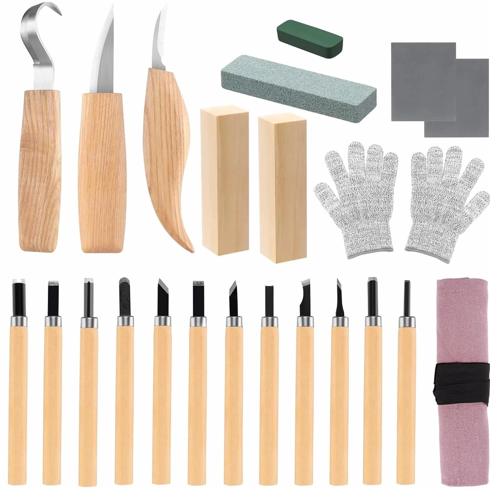 Kit Tallar Madera 24 Piezas Juego de Herramientas para Tallado con Guantes Resistentes a Cortes
