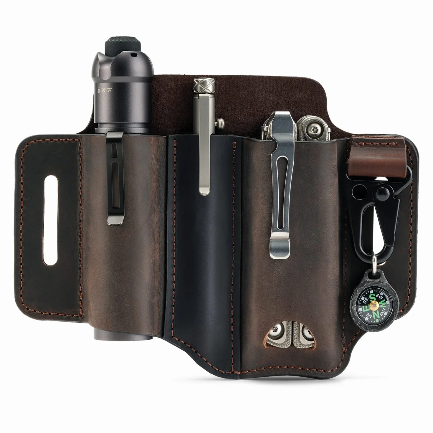 VIPERADE PJ13 EDC Funda de cuero, Multitools Funda/Herramientas Funda/Cuchillo Cinturón Funda/Linterna Vaina para Leatherman Multitools/Cuchillos, Hecho a Mano 3 Bolsillos Organizador Funda