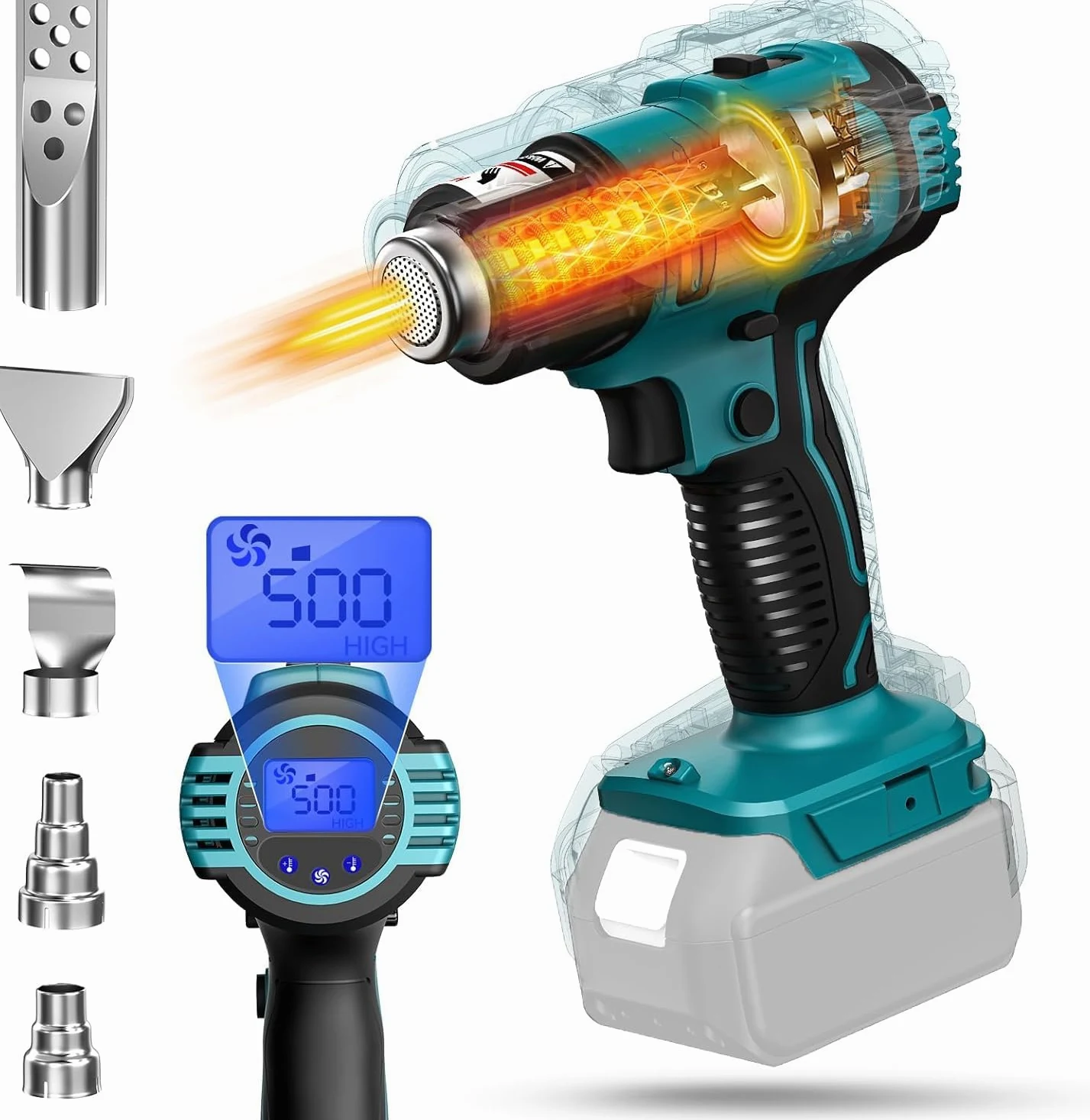 Decaper térmico inalámbrico para batería Makita 18V, 600W 50℃-550 ℃ Decaper térmico AVCE 5 Bocas de ventilación, 6 velocidades de viento, pantalla de temperatura LED, para manualidades, tubos