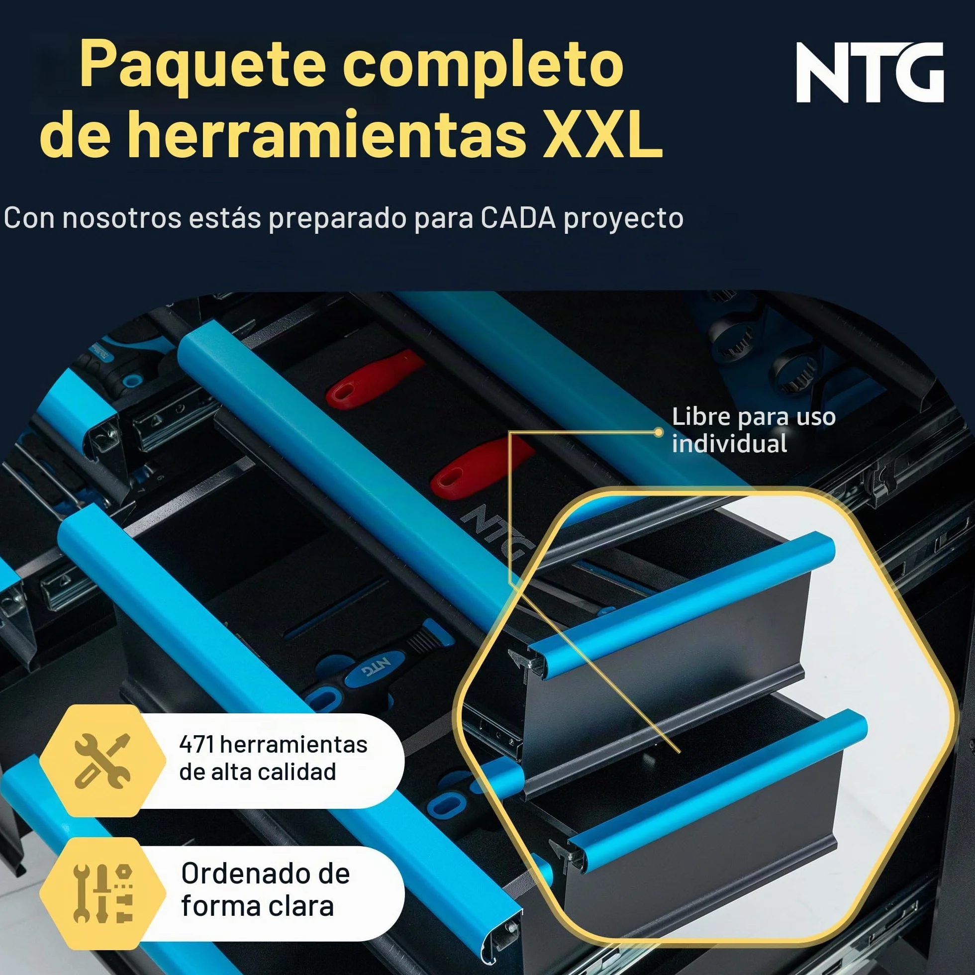 NTG Carro de herramientas XXL 471 piezas 12 cajones con tablero de trabajo de madera con llave móvil sobre ruedas Gabinete profesional de metal para garaje y taller