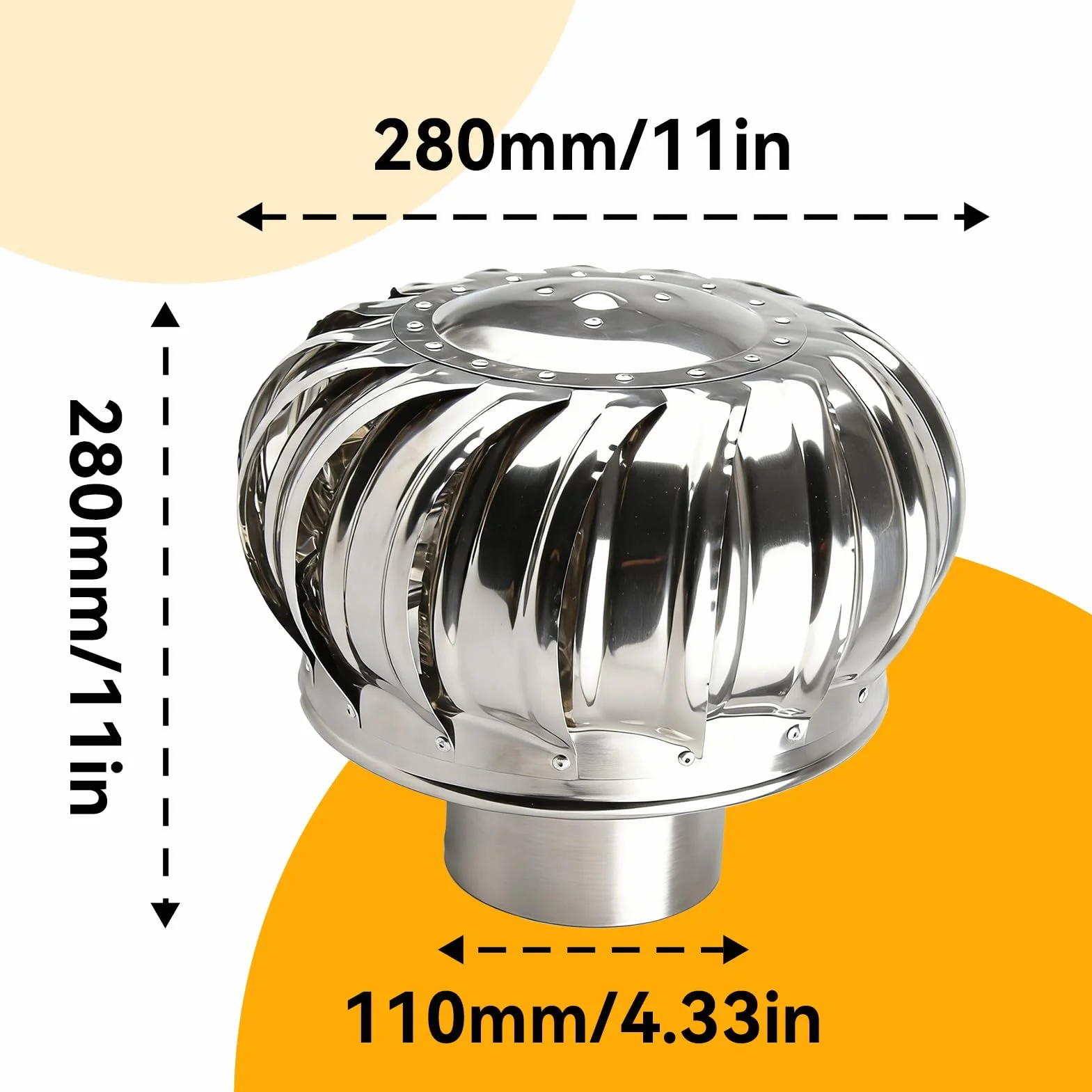 Turbina de Ventilación de Techo 110mm, Ventilador de Acero Inoxidable Automático Chimenea Rotativa para Ático Granja Fábrica y Vivienda Sistema de Ventilación sin Fugas