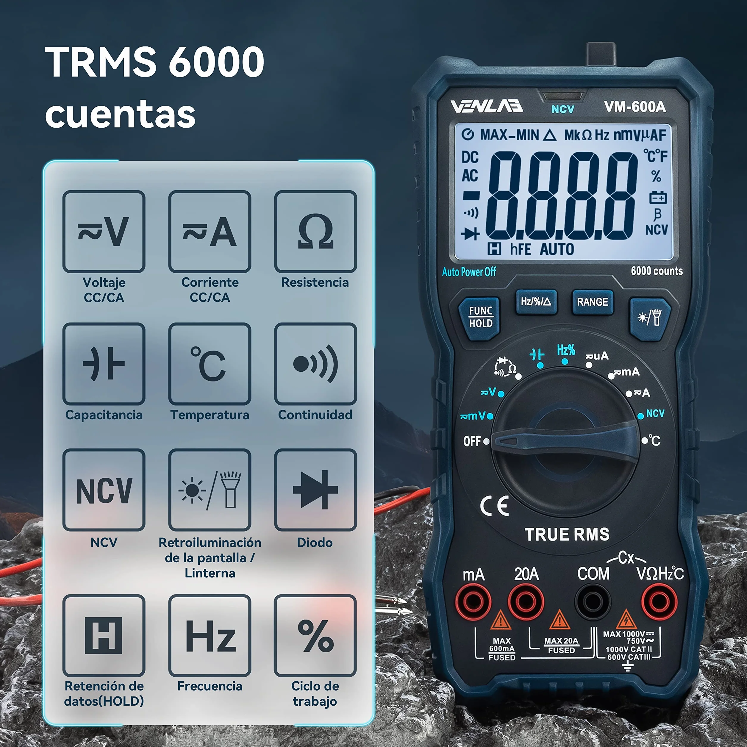 VENLAB Multímetro Digital TRMS 6000 Cuentas VM-600A Voltímetro CC/CA Resistencia Diodo Continuidad Capacitancia Temperatura