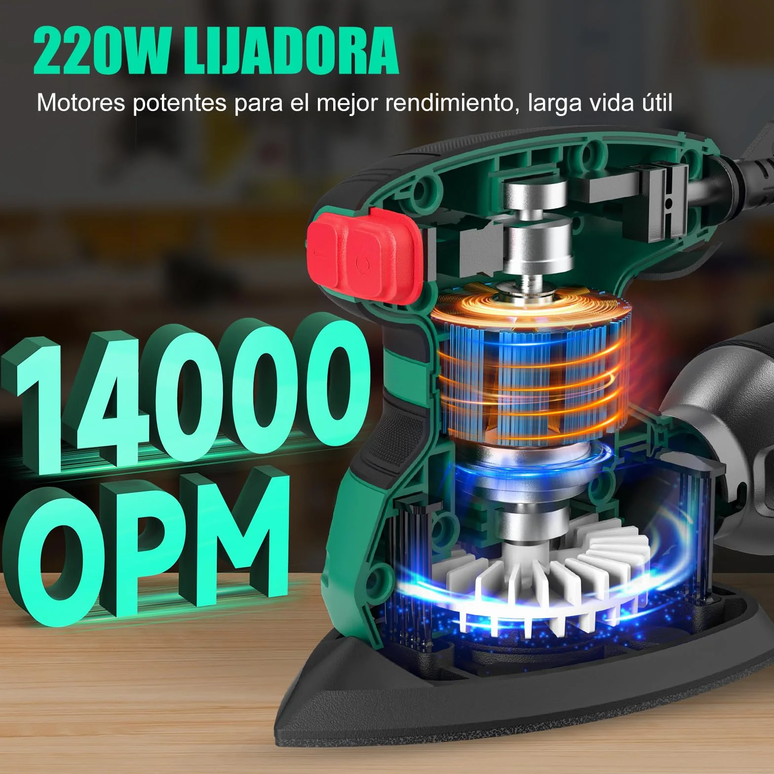SORAKO Lijadora Madera 220W 14000 OPM Lijadora Electrica Con Bolsa Para Polvo Y 16 Hojas De Lija, Ideal Para Lijar Superficies De Madera Y Acero En Espacios Reducidos