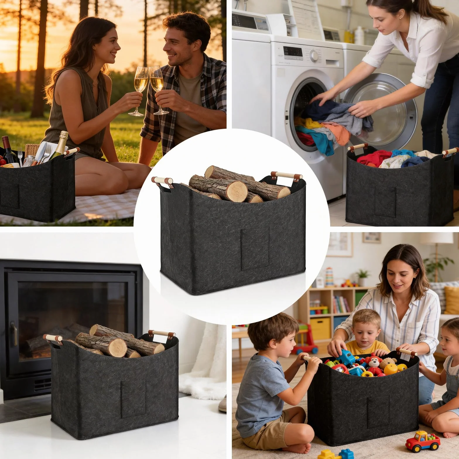 Cesta Plegable para Leña de 96 L, Fieltro Extragrueso, Mango Reforzado, Negro