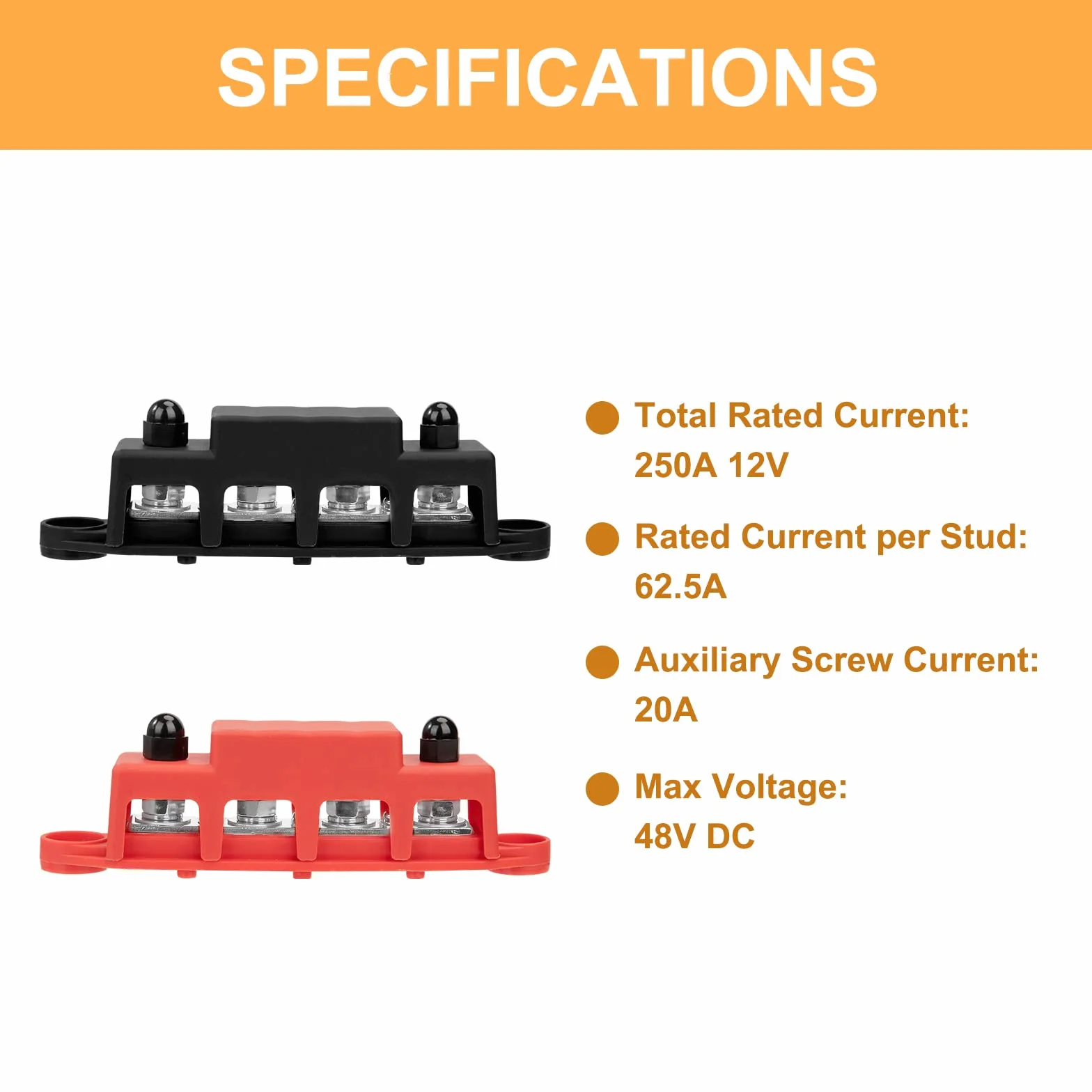 QIMEI-SHOP Bloques de Distribución de Energía 12V-48V Caja de Distribución de Barra Colectora 250A BusBar con 4 Pernos de Terminal M8 para Automóvile Barco Rojo Negro 2 Piezas