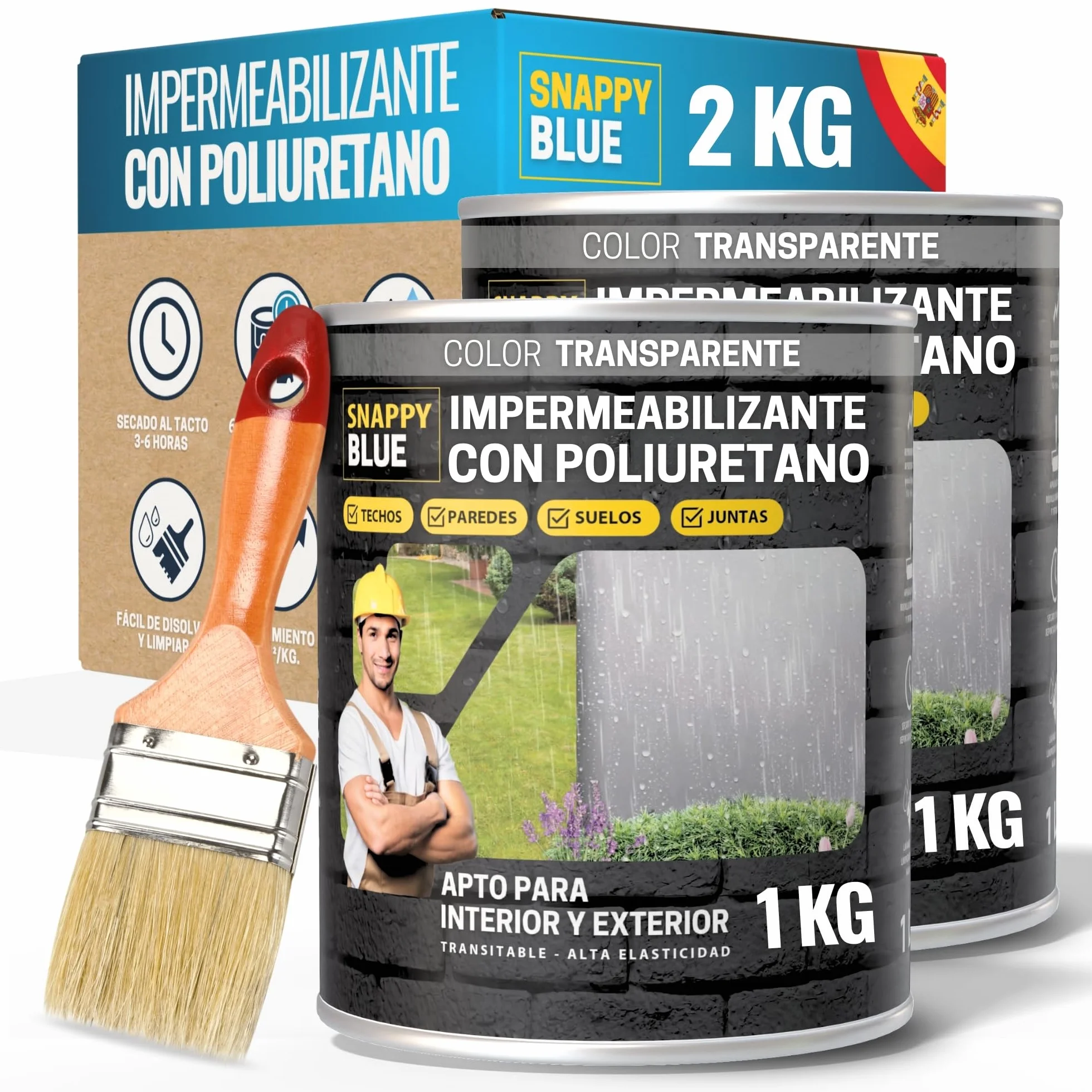[2kg + Brocha]Impermeabilizante Transparente con Poliuretano, Sellador Impermeable Transparente de Alto Impacto, Revestimiento Impermeable Definitivo Ideales para Techos, Terrazas Interior y Exterior