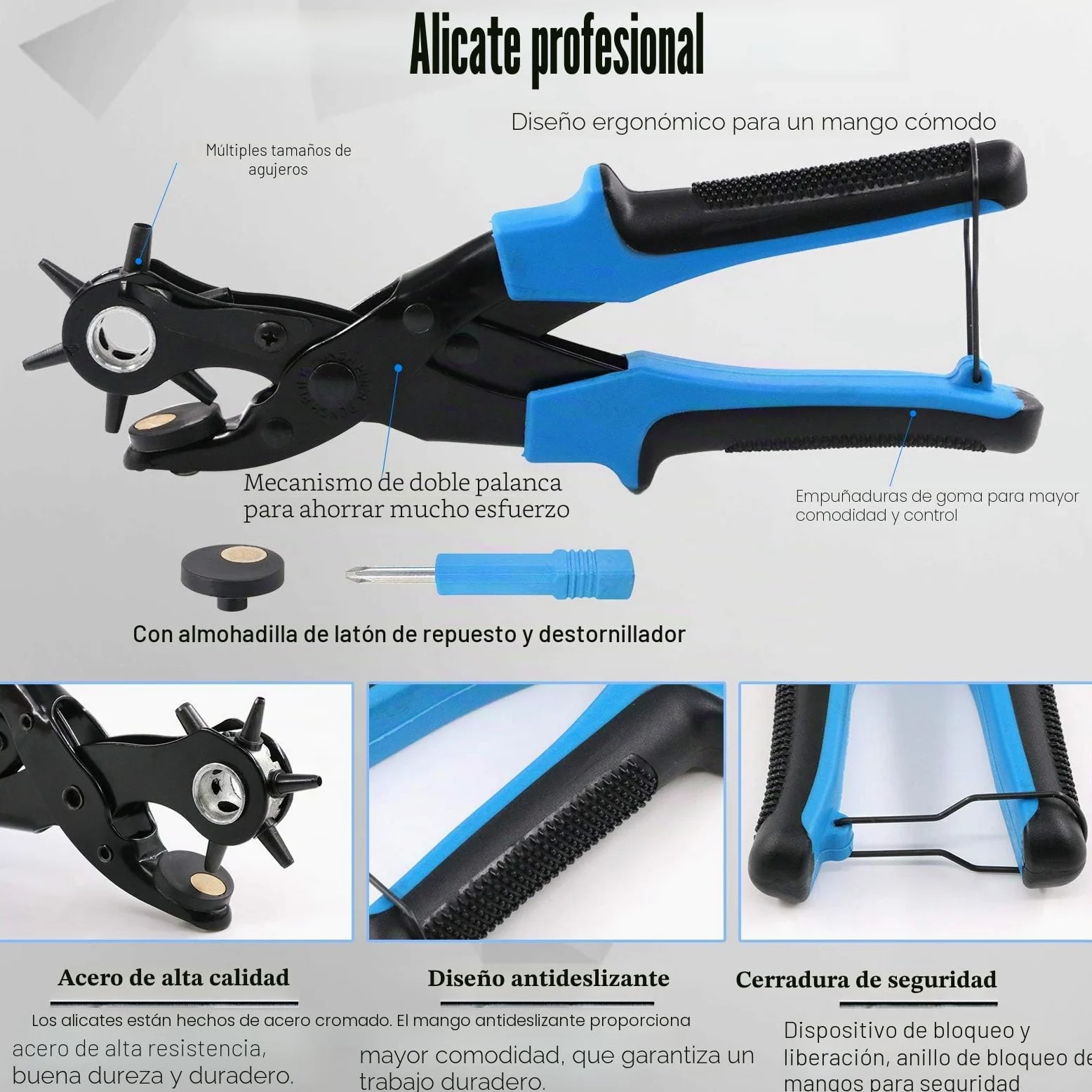 Glarks - Kit con alicates ajustables para perforación delcuero, remaches, tijeras, regla, destornillador y punzón para cinturón, correas de reloj, sillín, zapatos