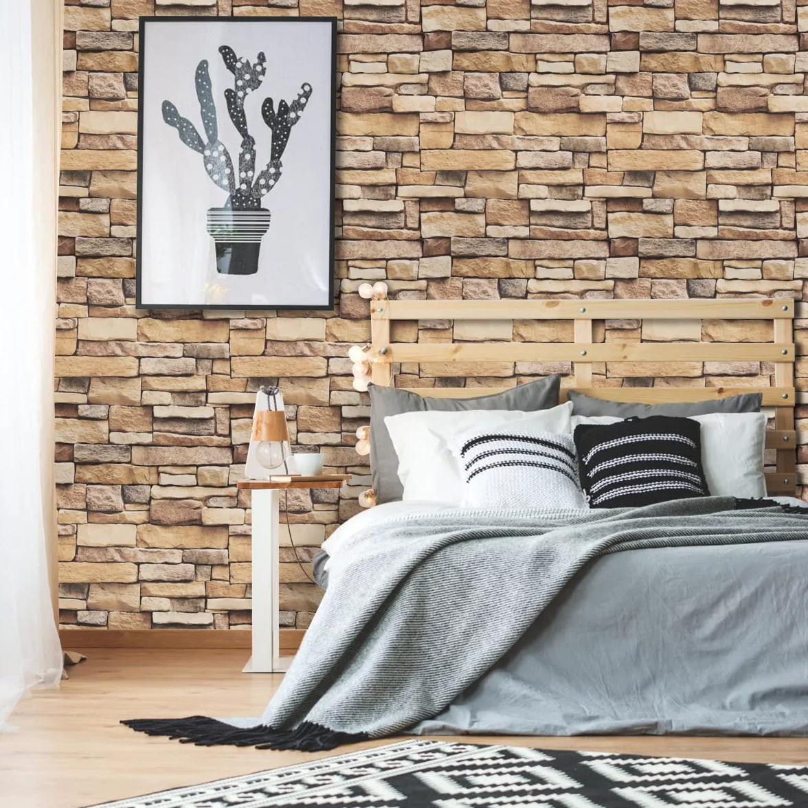Arthome 44cmx10m vinilo adhesivo muebles Ladrillo Piedra Marrón, Papel Pintado Autoadhesivo Adhesivo Contacto Papel decorativo para Revestimiento, Paredes, Chimeneas, Cocina, Pegatina Impermeable