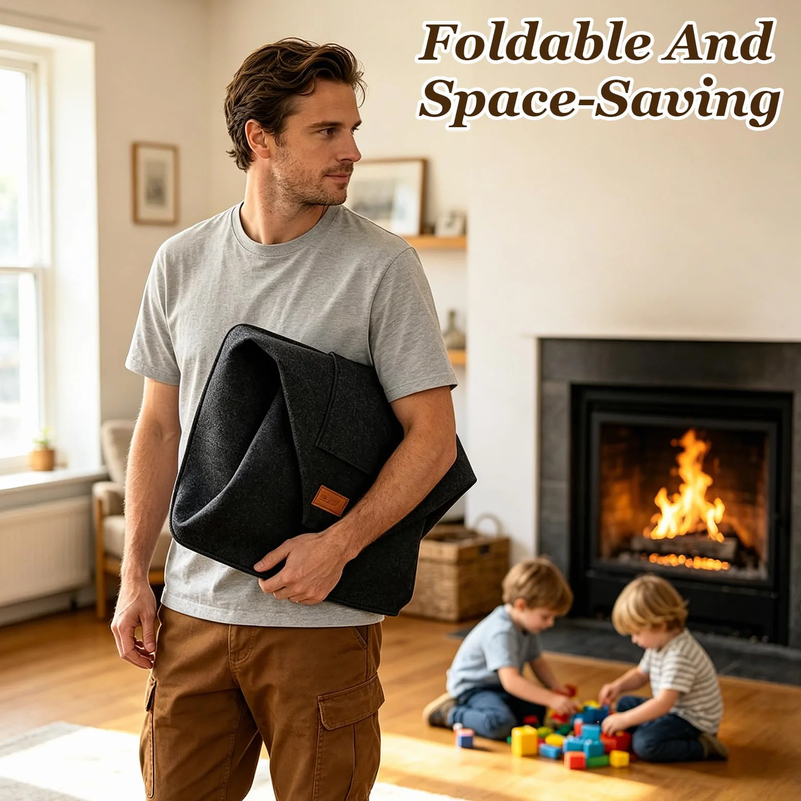 Canasta De Leña 45 x 32 x 40 cm 60L, Cesta de fieltro Fieltro extra grueso y asa reforzada, Cesto para leña plegable Bolsa, para Guardar Periódicos y la Chimenea