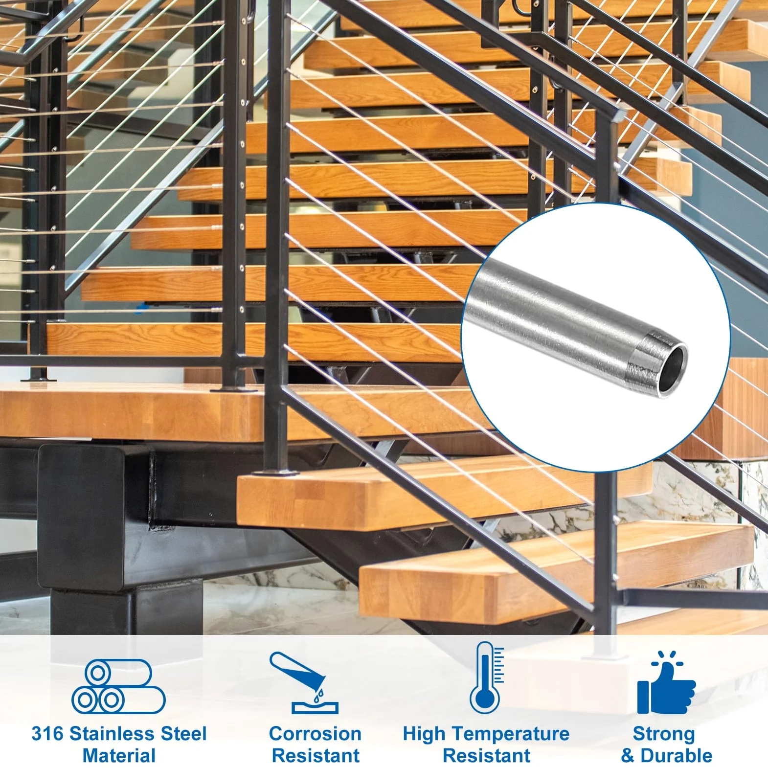 QUARKZMAN 10 Pz Kit Barandilla Cable Invisible, Receptor Invisible Y Tensor Con Extremo Espárrago 1/8" Acero Inoxidable 316 Para Barandillas Terraza, Escaleras, Postes Madera O Metal, Plata