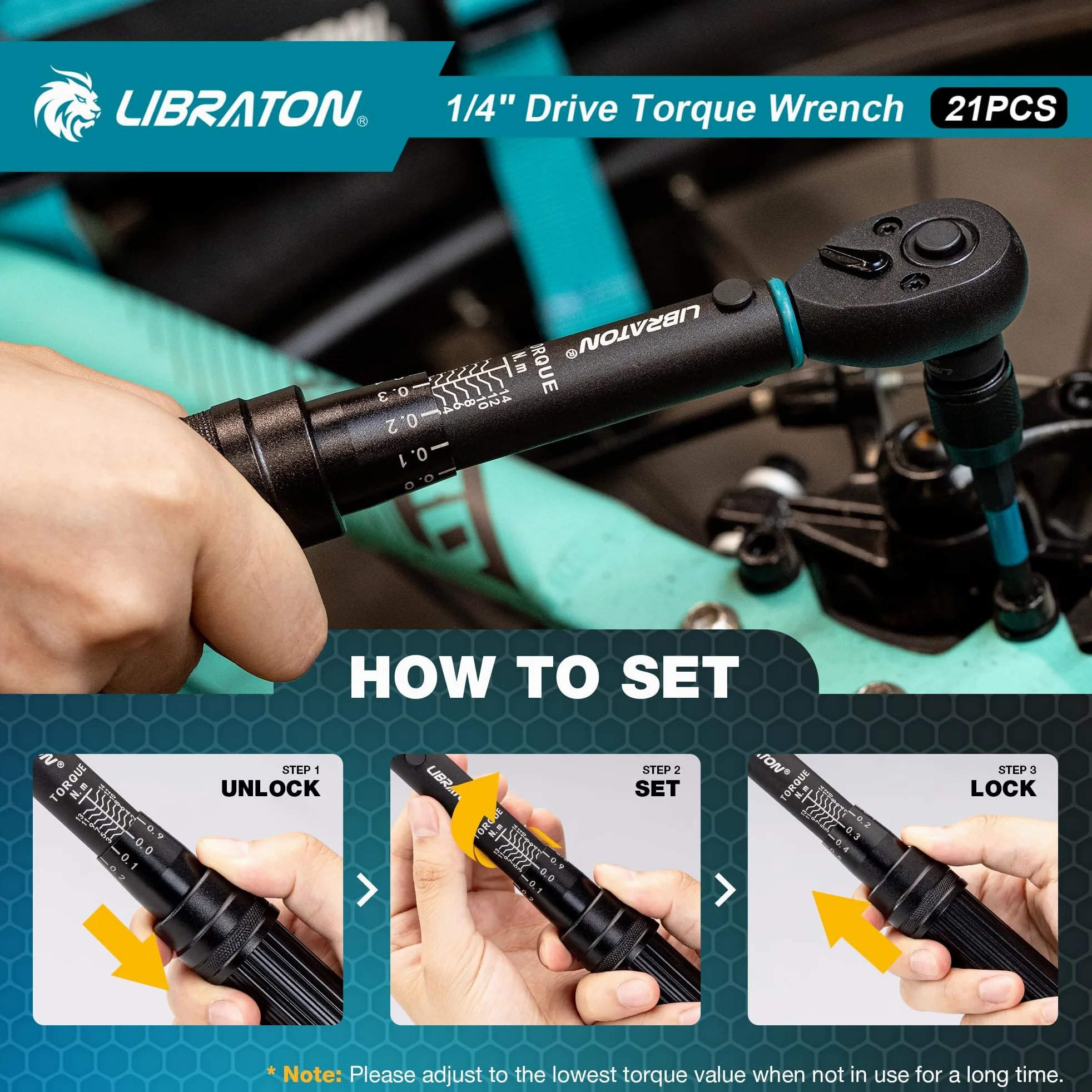 LIBRATON Llave Dinamométrica 1/4", 2-14 Nm Llave Dinamometrica Bicicleta, 72 Dientes, Micro Click de 0,1 Nm, Puntas Hex y Torx, Destornilladores de Tuercas, Adaptadores de Cuadrada a 1/4" Hex