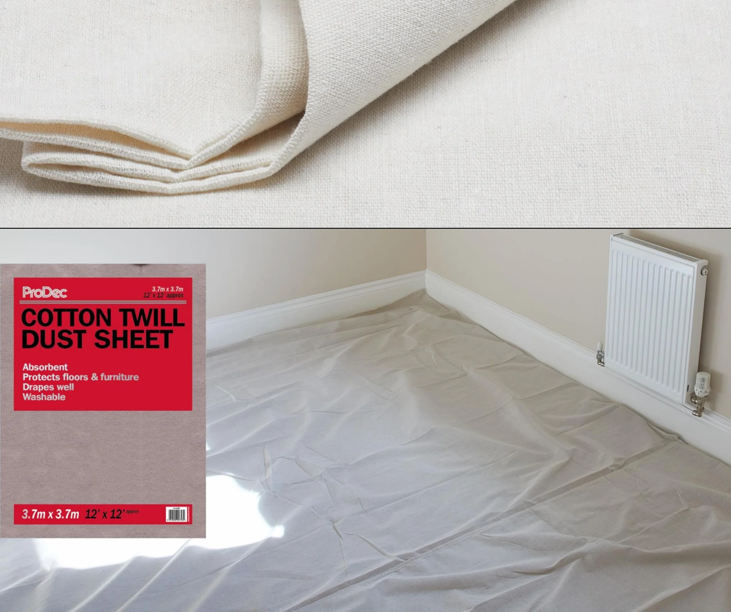 ProDec 12 pies x 12 pies Hoja de algodón para decorar, Protector de alfombras - Paño lavable, Escudo de pintura, Hojas de pintura, Hojas de polvo de alta resistencia para muebles, Paño de pintura