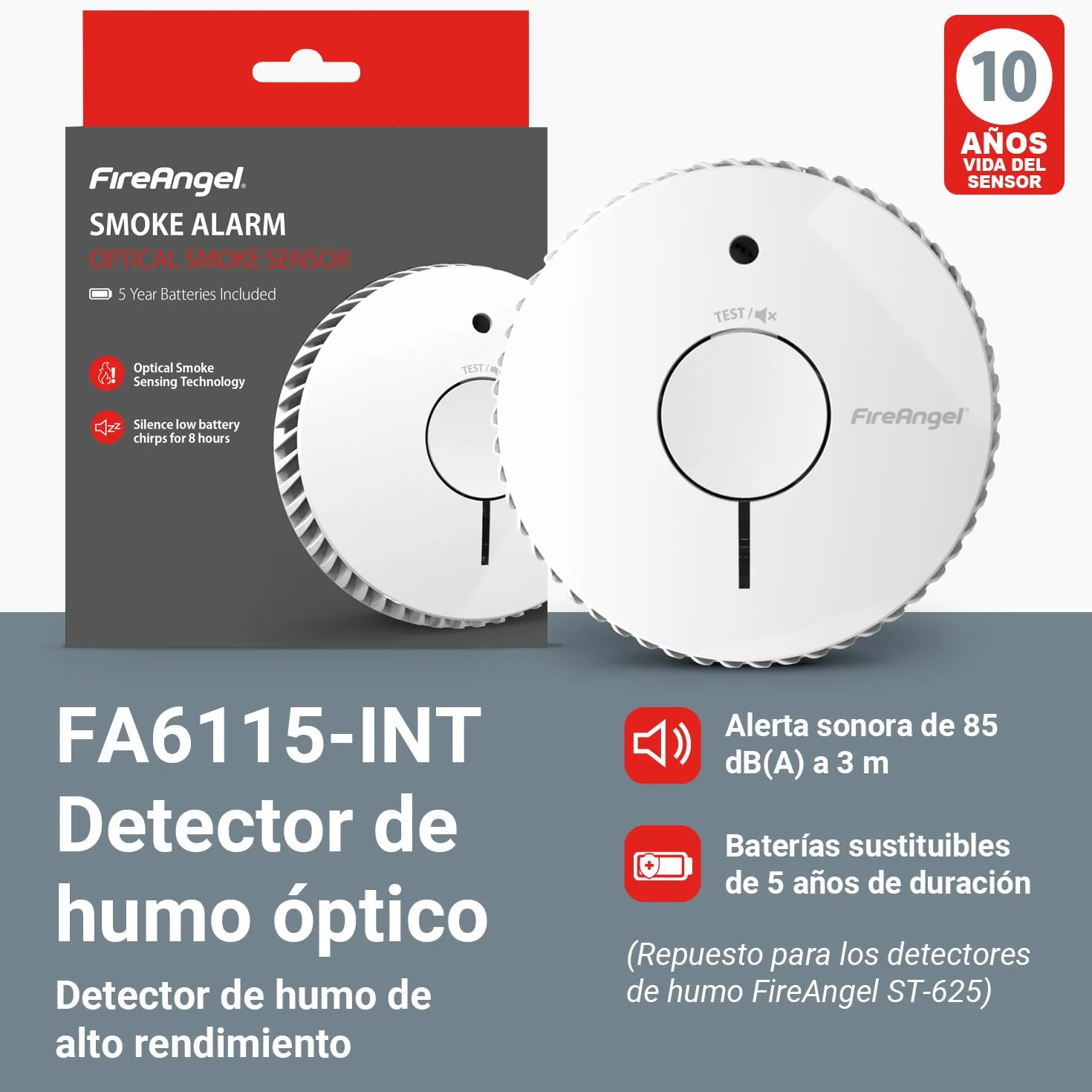 FireAngel FA6115-INT Detector de Humo Óptico con Batería 5 Años