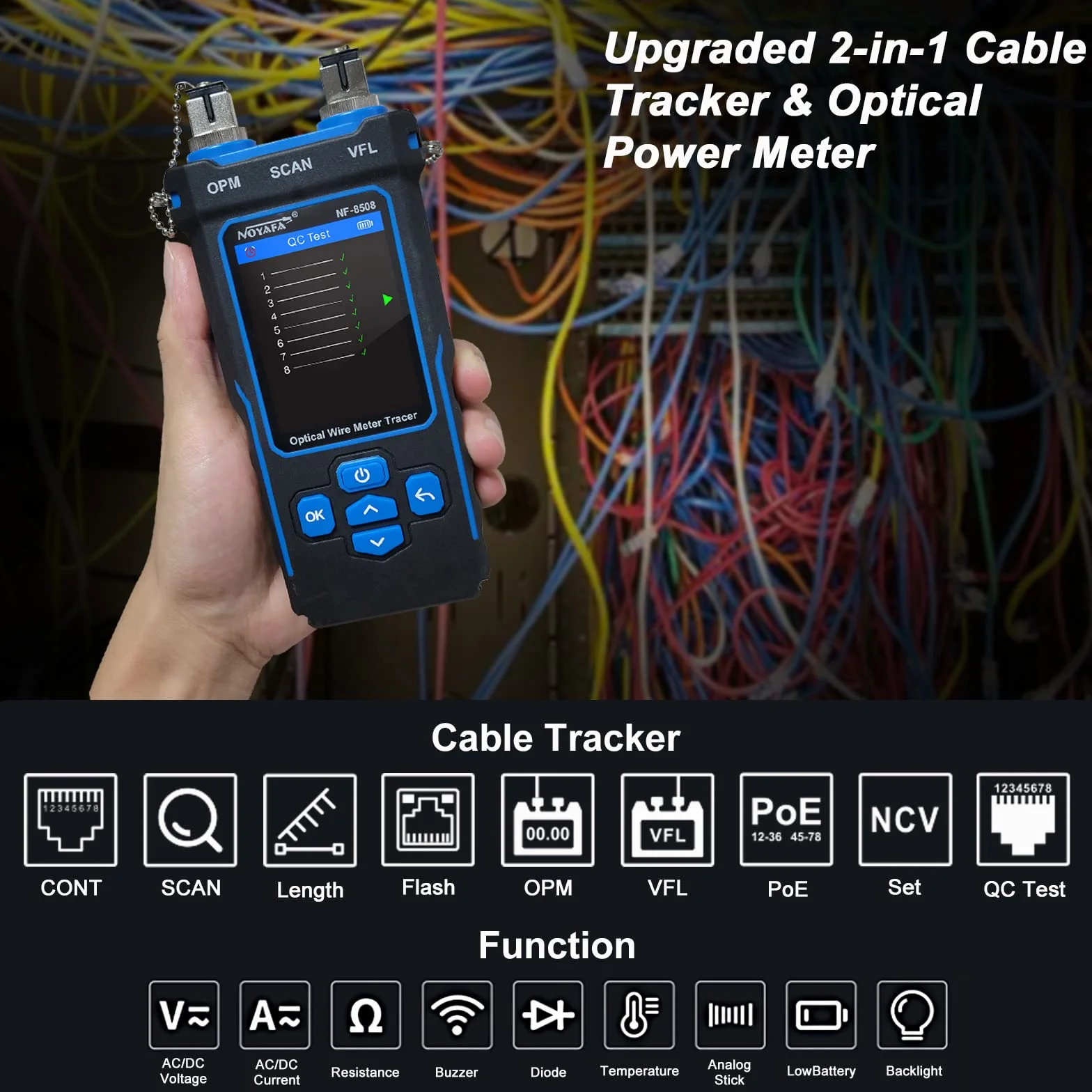 NOYAFA NF-8508 Probador de Cables Red Ethernet Medidor de Potencia Óptica Tester RJ45 RJ11 VFL PoE NCV Longitud Mapeo Cat5 Cat6